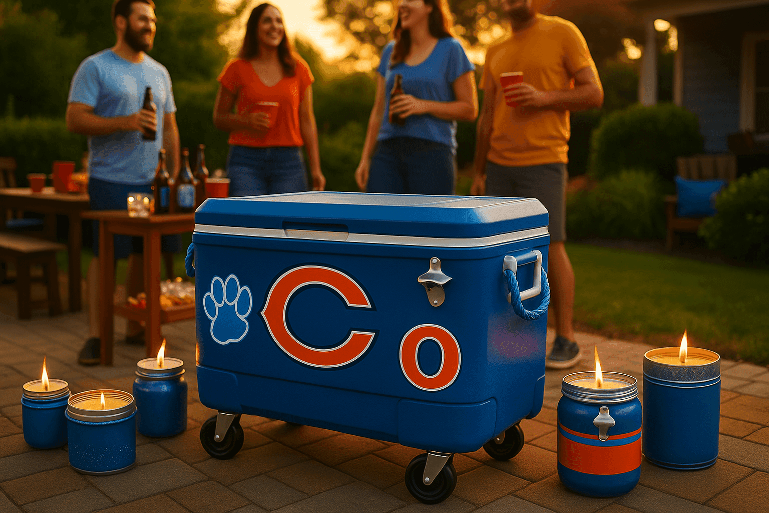 Vibrant custom painted cooler with team logo and rope handles at a festive outdoor summer party