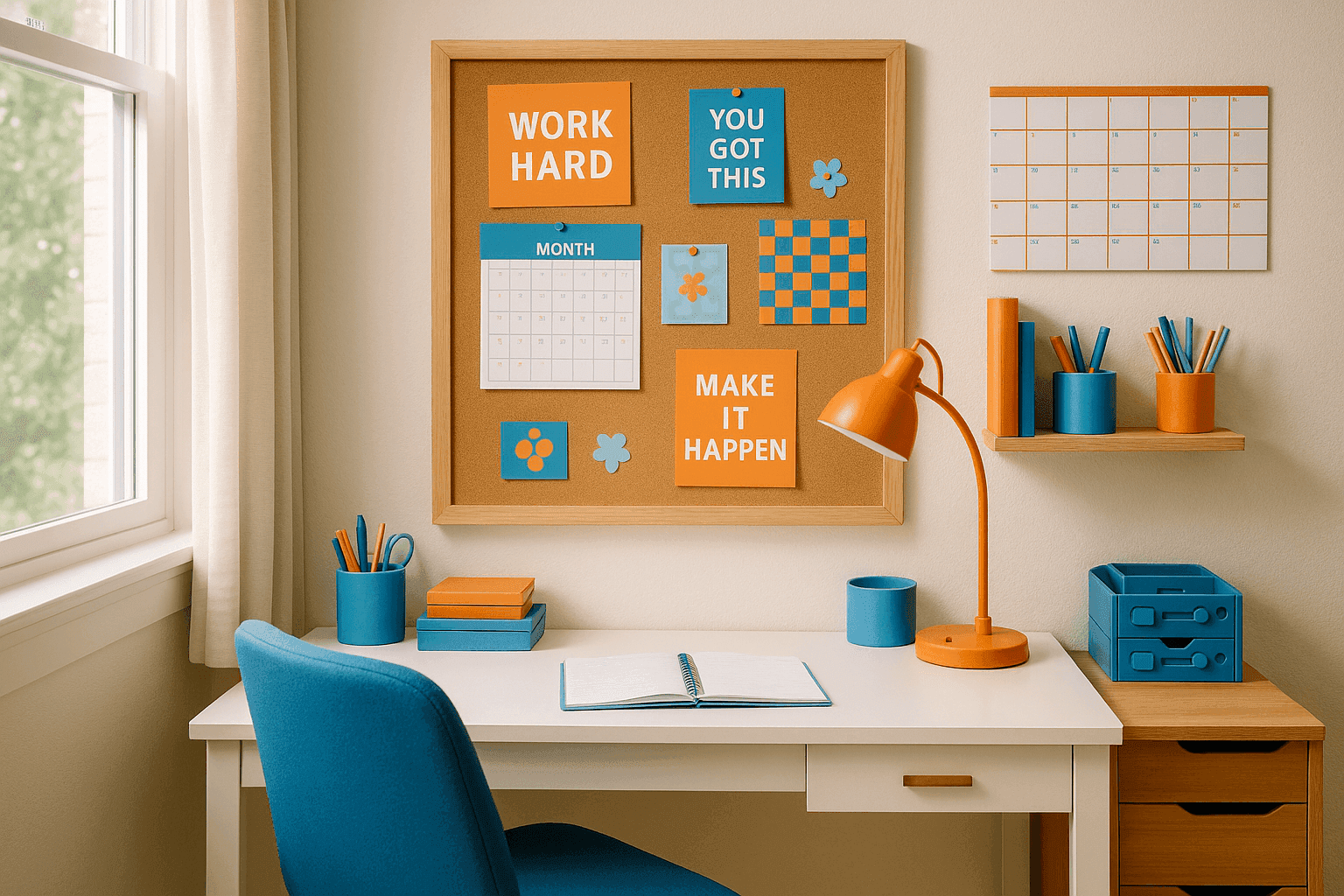 Bright and organized study nook with desk, comfortable chair, pinboard with inspiring quotes, and colorful organization supplies