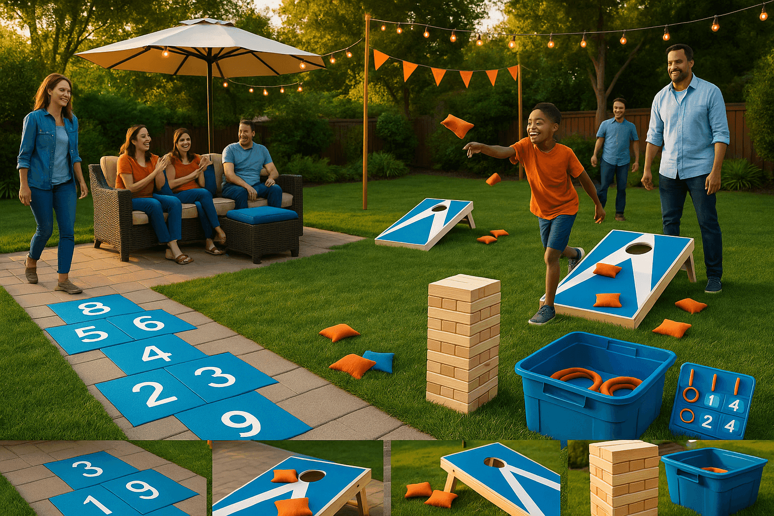 Festive backyard game corner with hopscotch pavers, cornhole boards, and giant Jenga set up for family fun