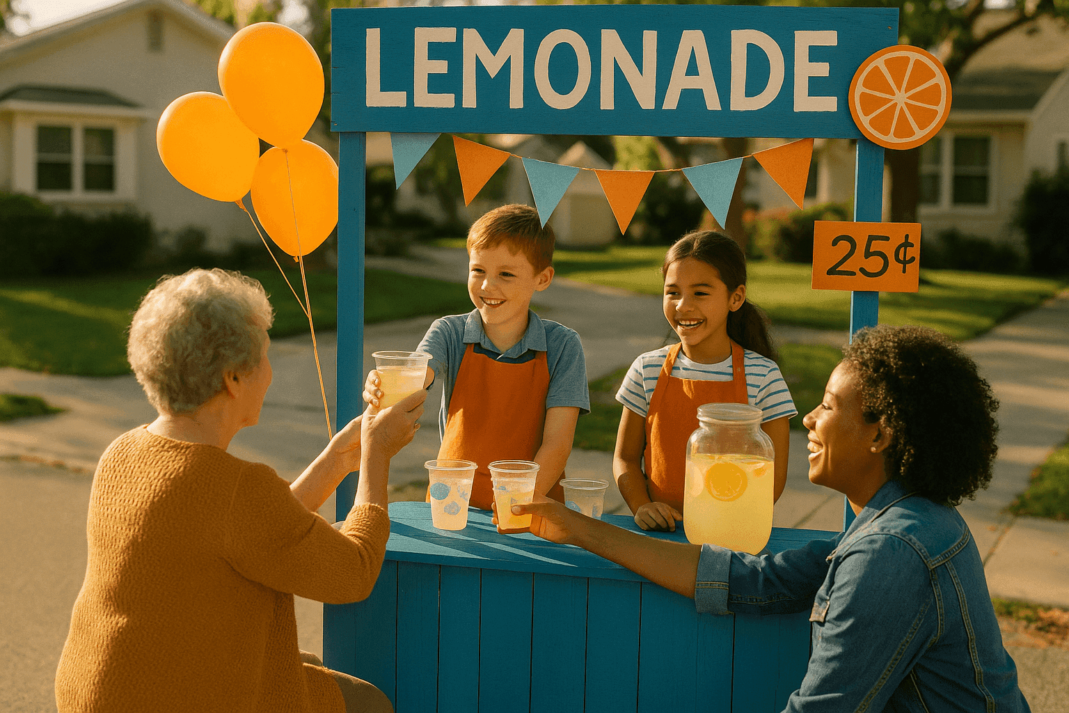 Adorable painted lemonade stand with colorful bunting, hand-drawn signs, and happy children serving fresh lemonade to customers