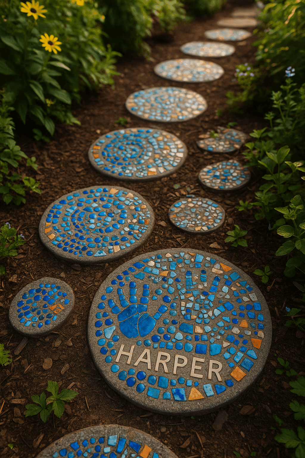 Beautiful garden path featuring colorful mosaic stepping stones with glass beads, tiles, and family handprints creating artistic patterns