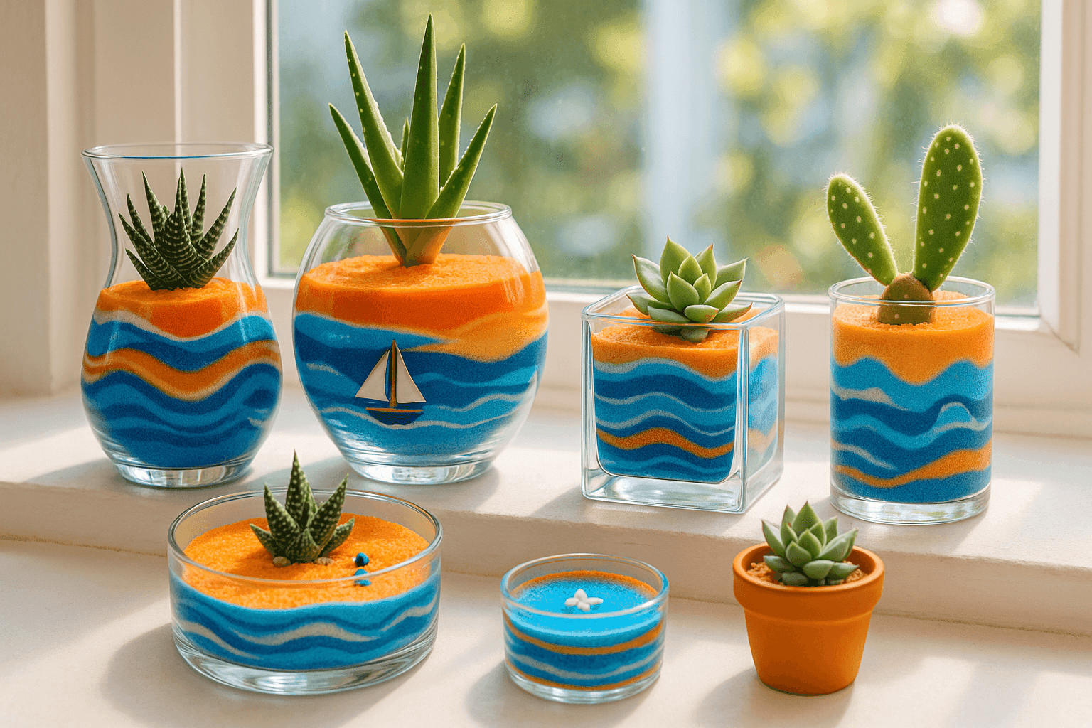 Collection of colorful sand art terrariums in glass containers with layered sand, succulents, and miniature desert scenes