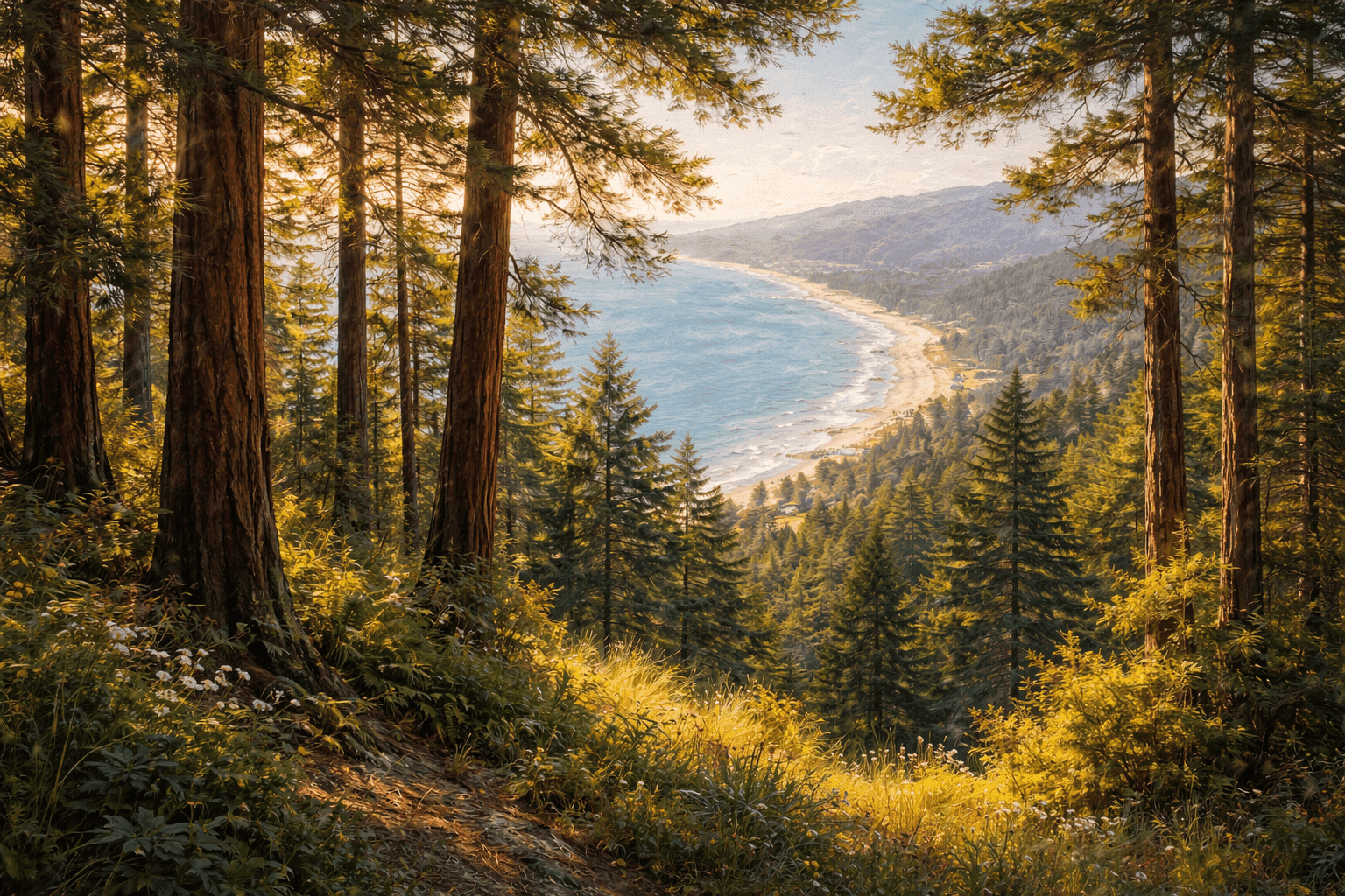 Redwood and pine trees on a hillside above Stinson Beach, California, with filtered views of the Pacific Ocean through the forest canopy.