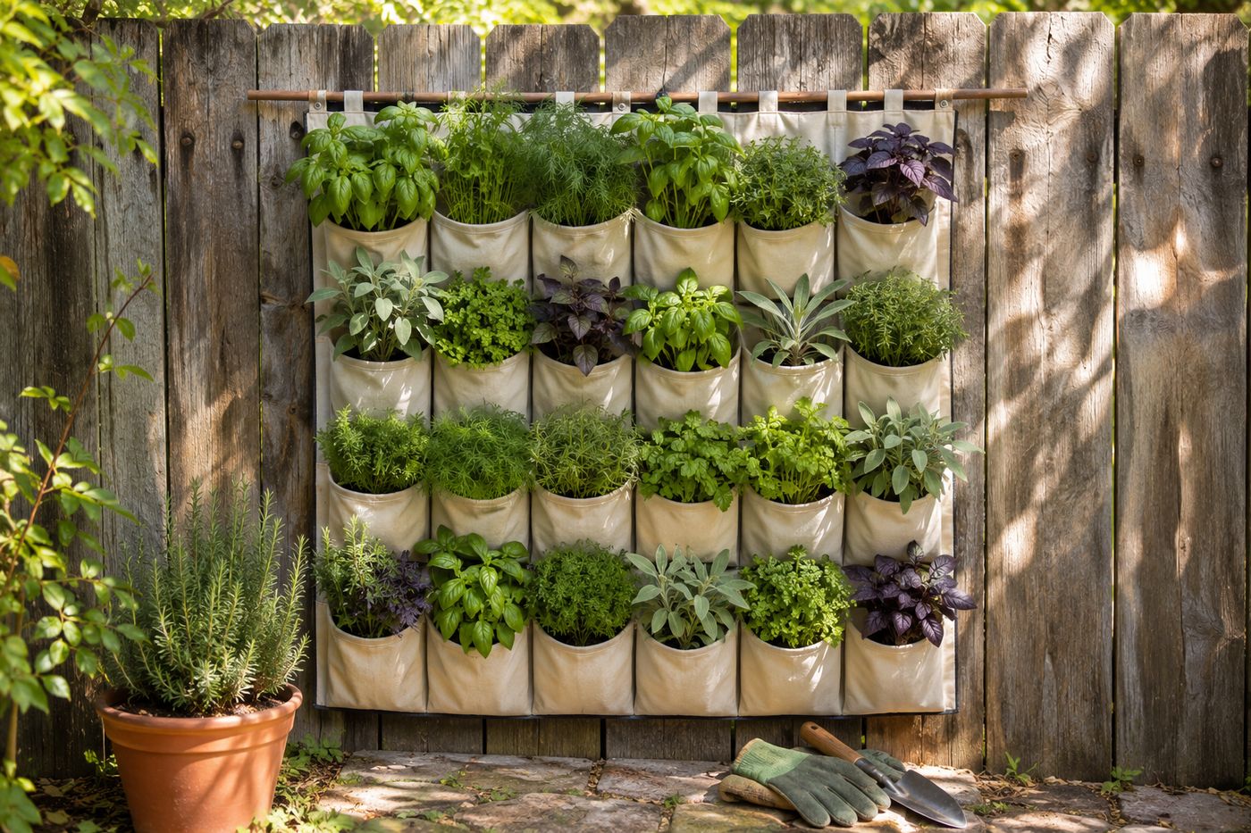 Fabric shoe organizer repurposed as a vertical herb wall hanging on a fence, with thirty pockets planted with a mix of basil, dill, sage, and Thai basil