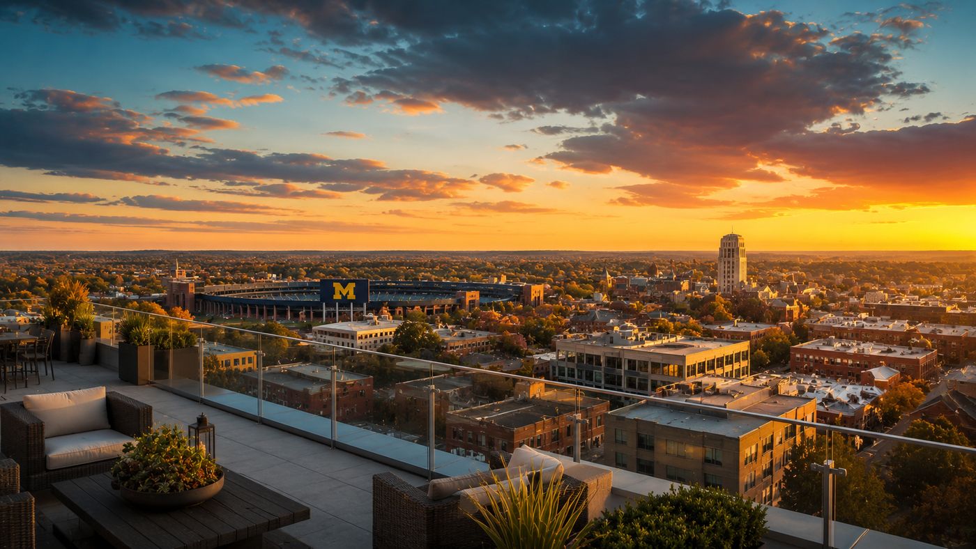 Panoramic views of the Ann Arbor skyline and Michigan Stadium from a downtown penthouse terrace