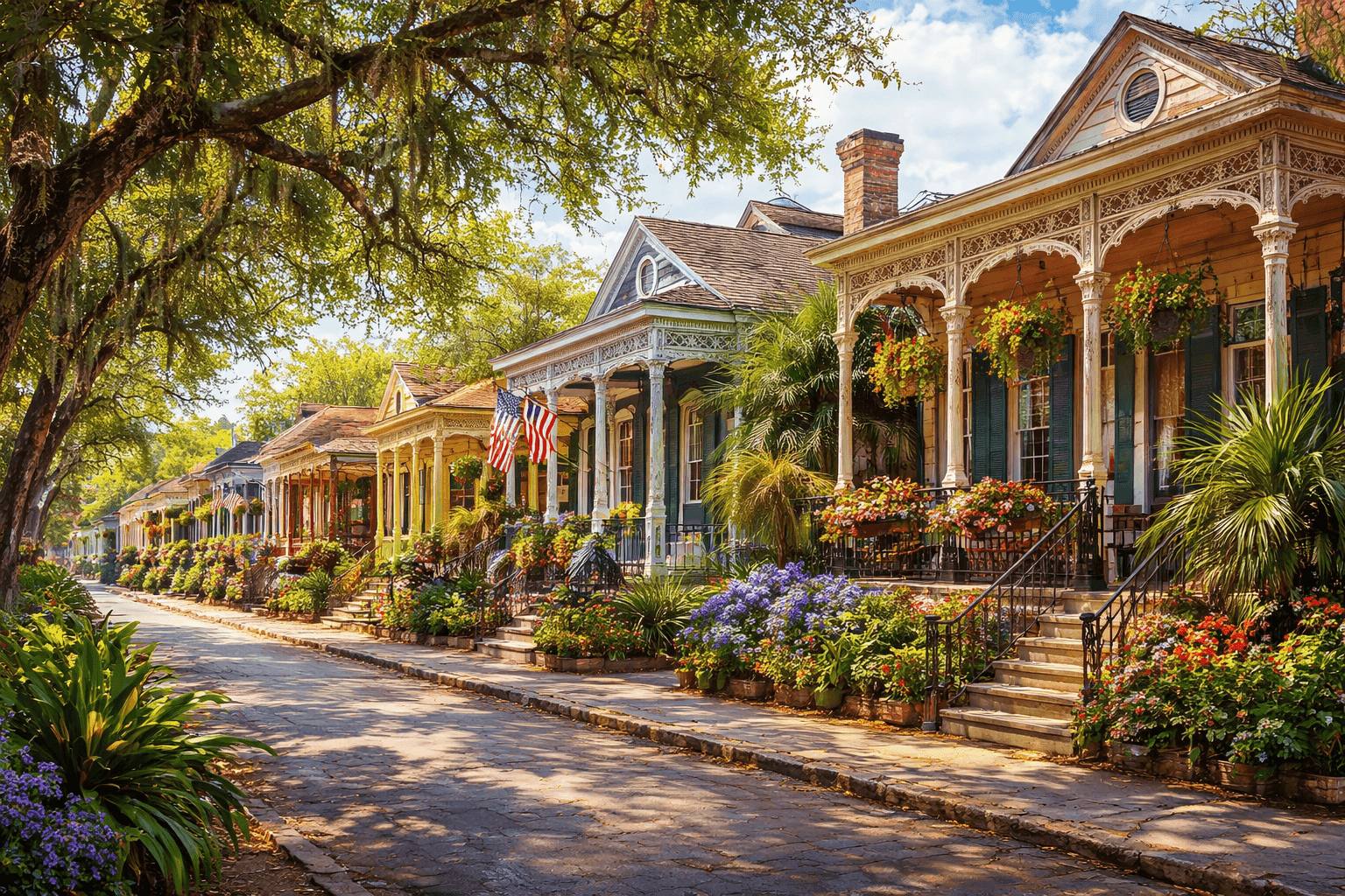 A colorful residential street in New Orleans' Lower Garden District, lined with historic shotgun homes and lush greenery.