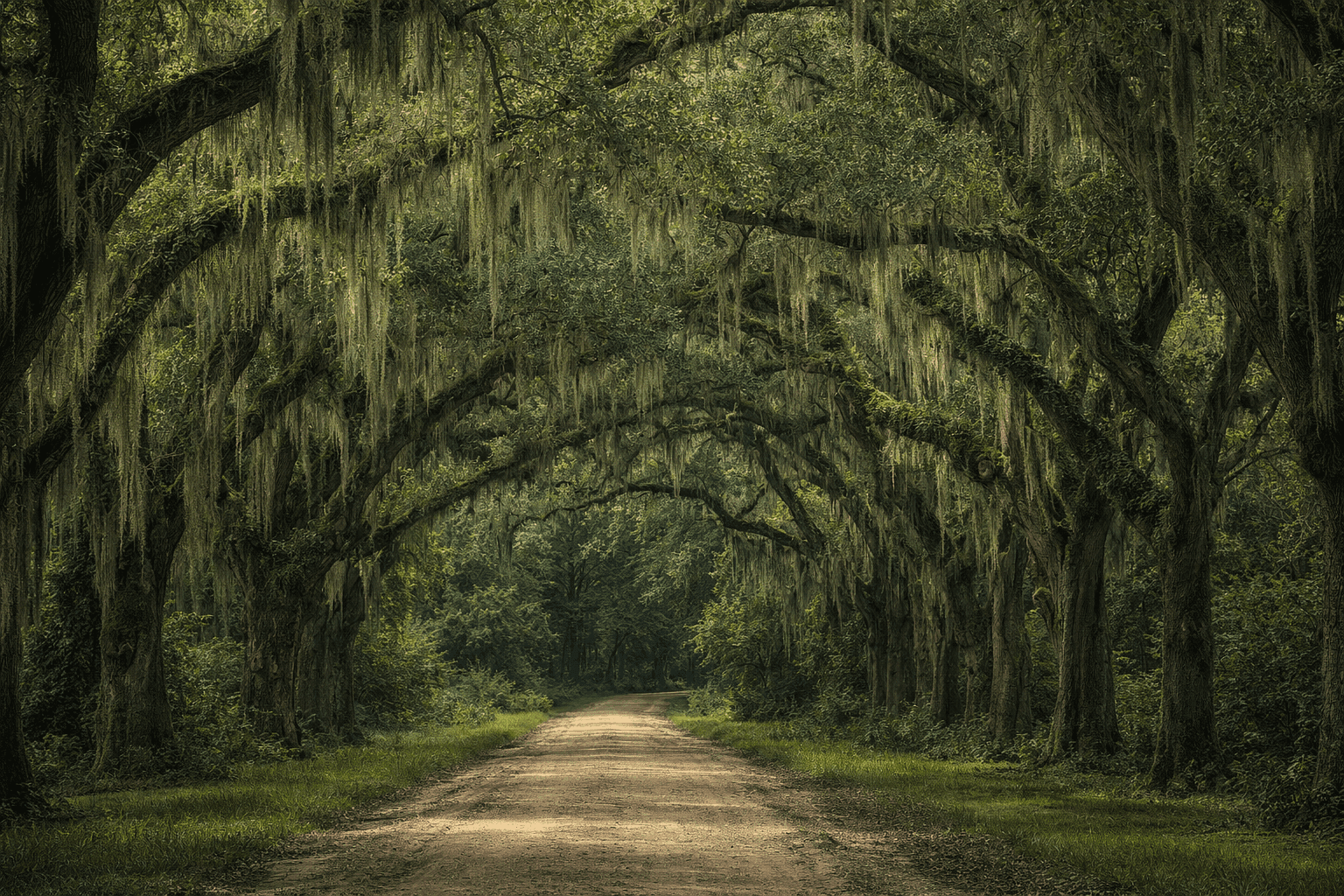 A moss-draped live oak allee on a Louisiana plantation road in East Feliciana Parish, with dense Southern forest beyond.