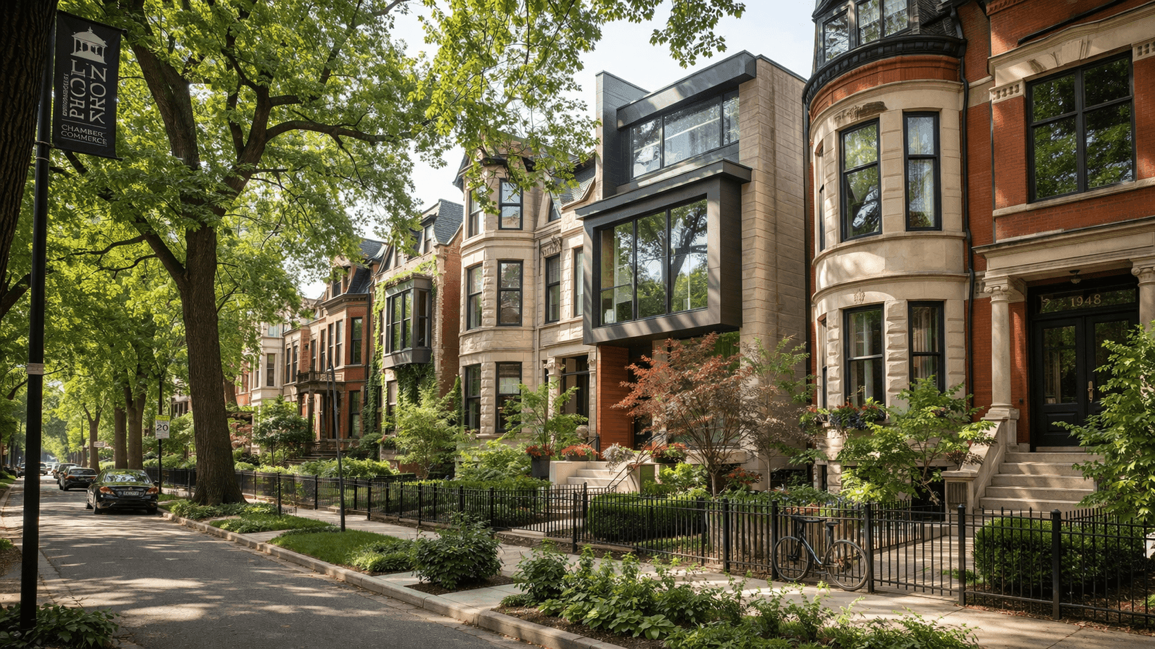 A tree-lined residential street in Chicago's Lincoln Park neighborhood, with contemporary and classic homes set close to the sidewalk.