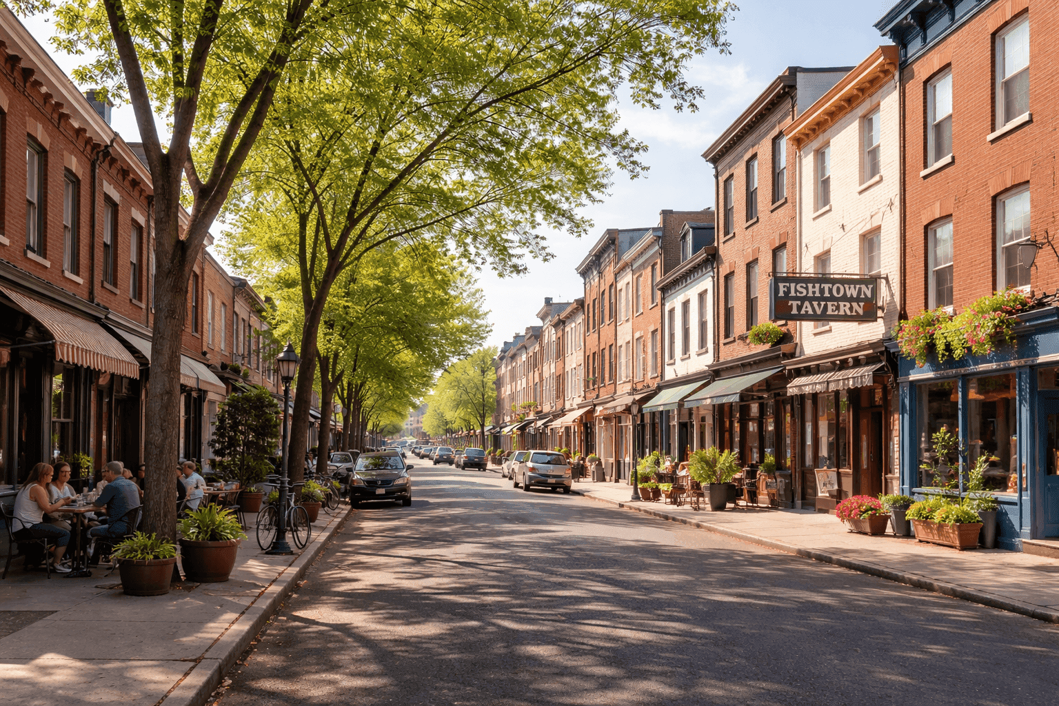 A tree-lined street in Philadelphia's Fishtown neighborhood, with historic rowhouses and local businesses under a clear sky.