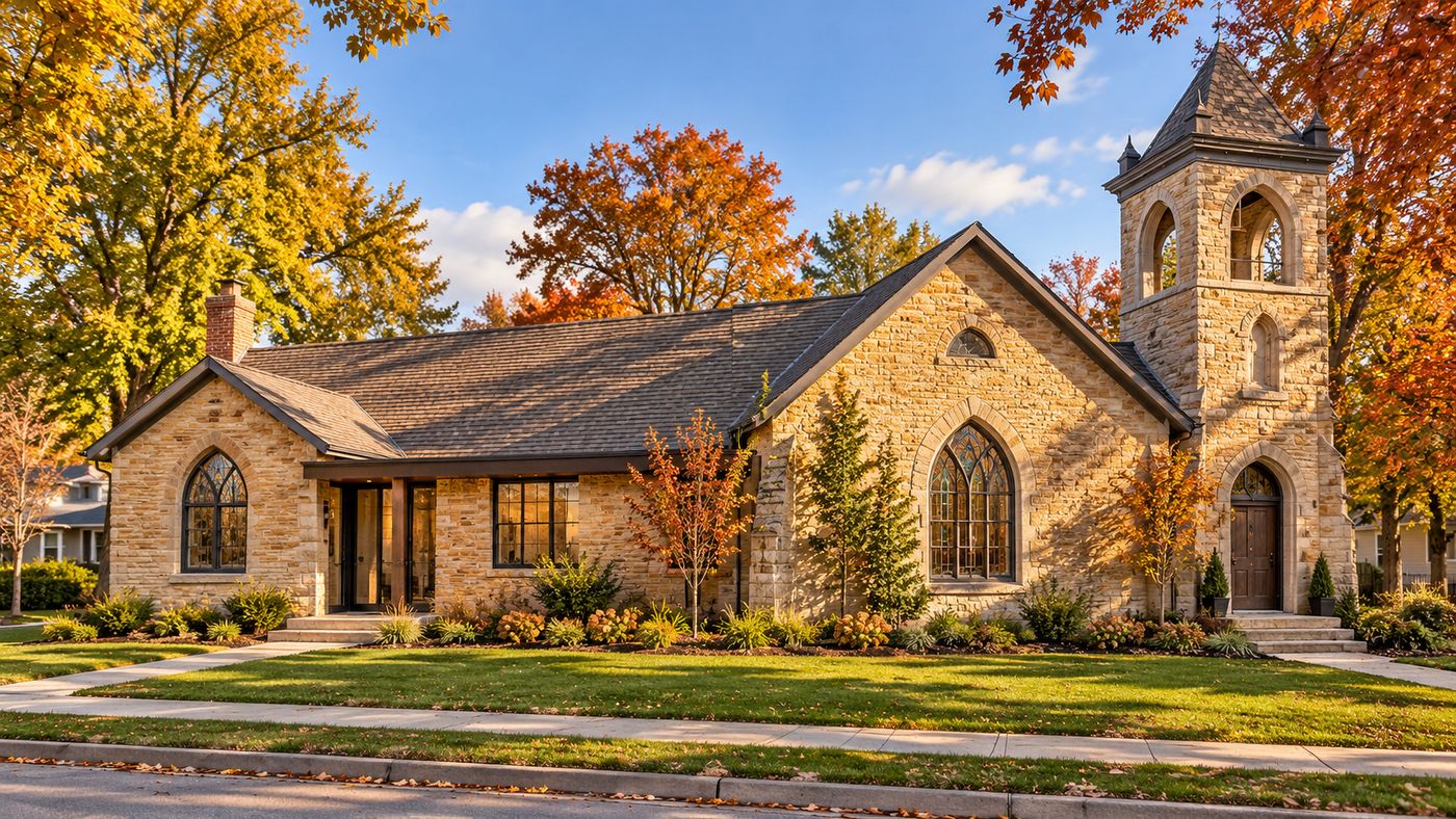 A historic 1870 stone church with stained-glass windows converted into a home in Eudora, Kansas