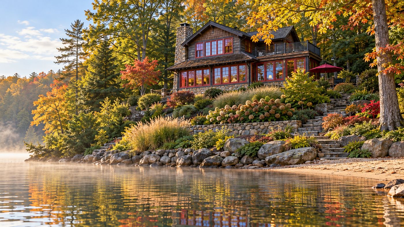 A 1926 log-and-stone former clubhouse converted into a home overlooking Mount Kemble Lake in Harding Township, New Jersey