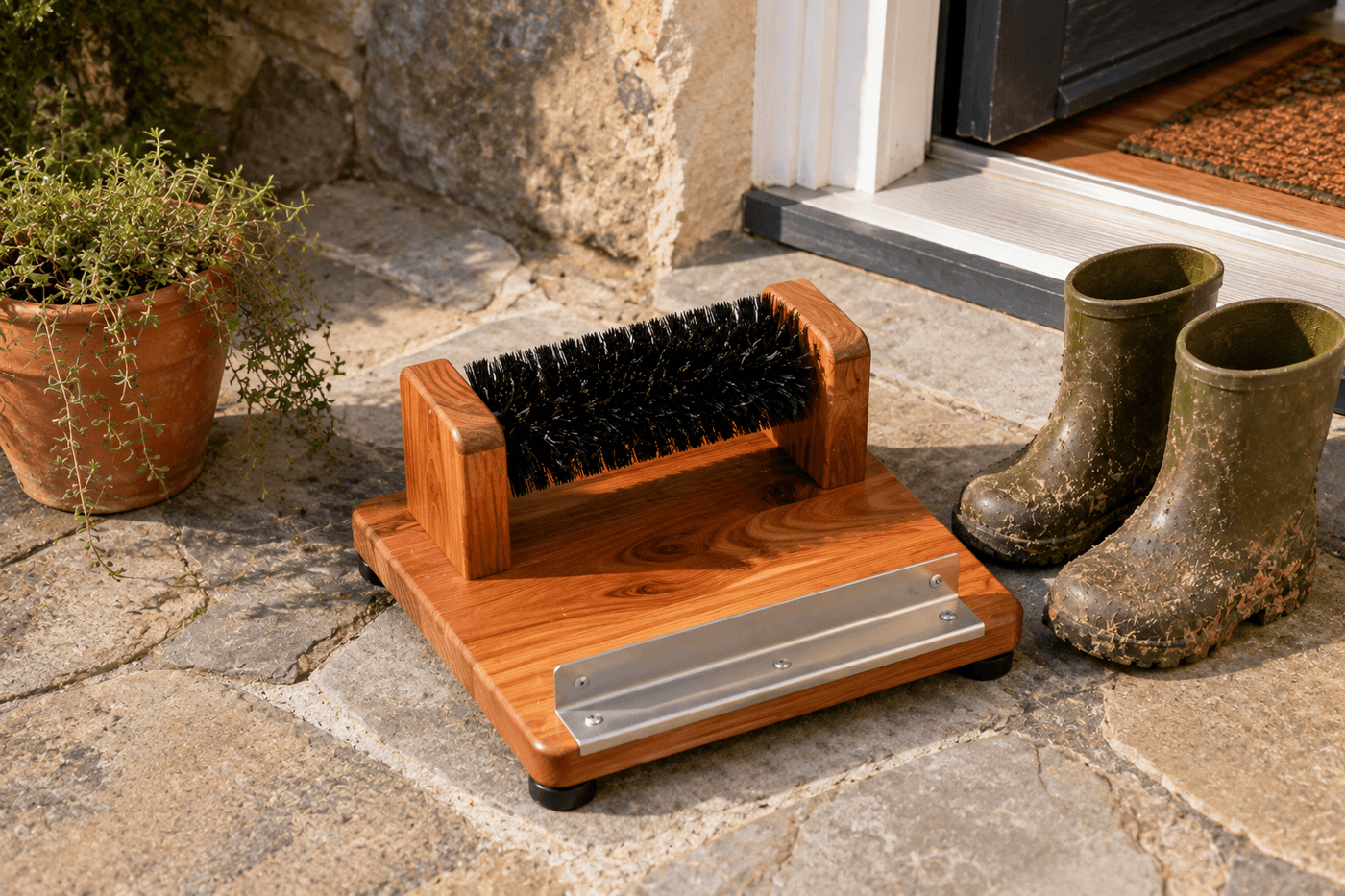 Finished wooden boot scraper stand on a stone patio beside a back door showing a cedar base platform with two side blocks holding a stiff bristle brush mounted bristles-up and a metal L-bracket scraper edge at the front, with muddy garden boots beside it