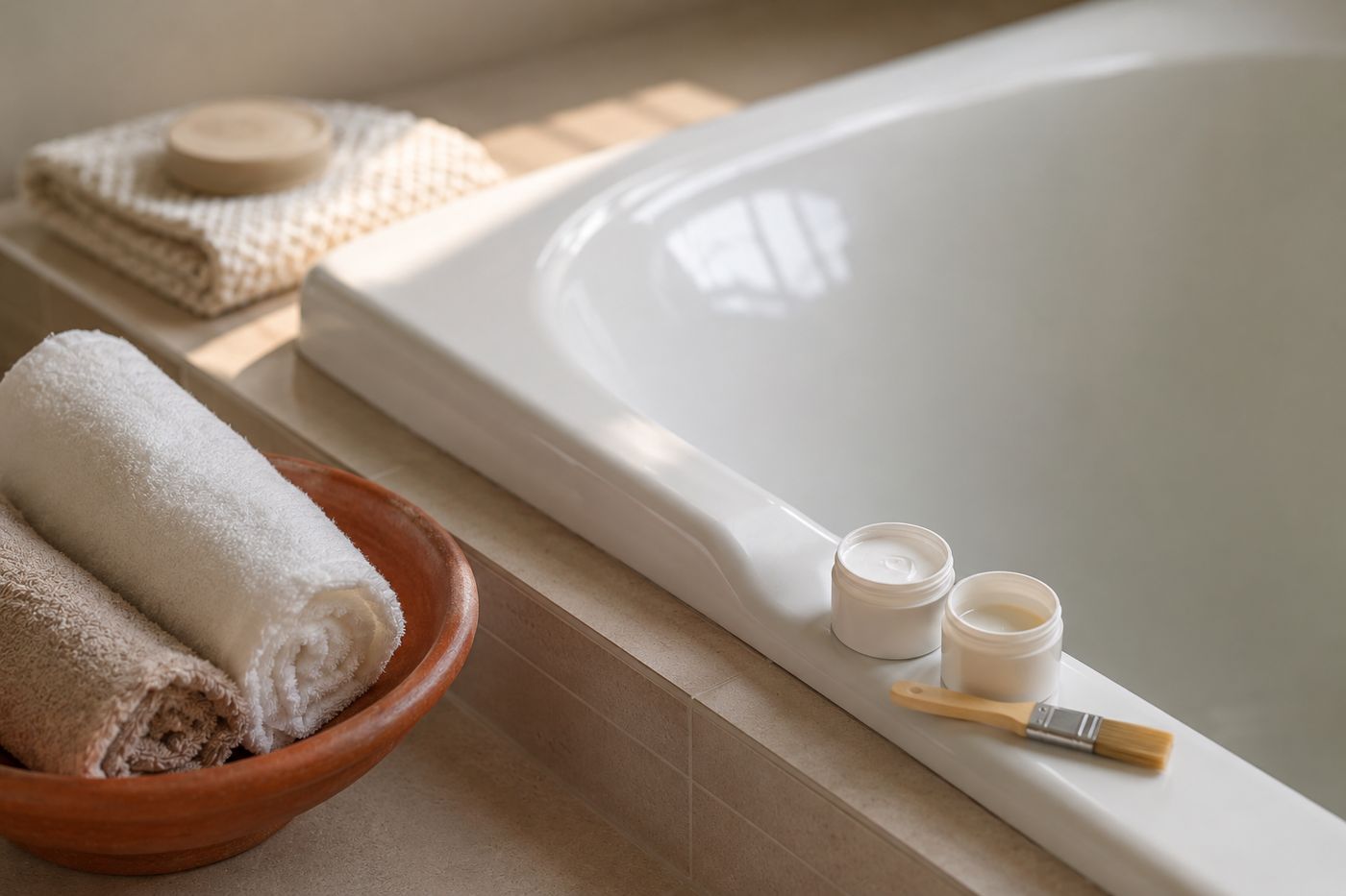 Close-up of a bathtub corner showing a seamless enamel chip repair blended into the surrounding white porcelain surface