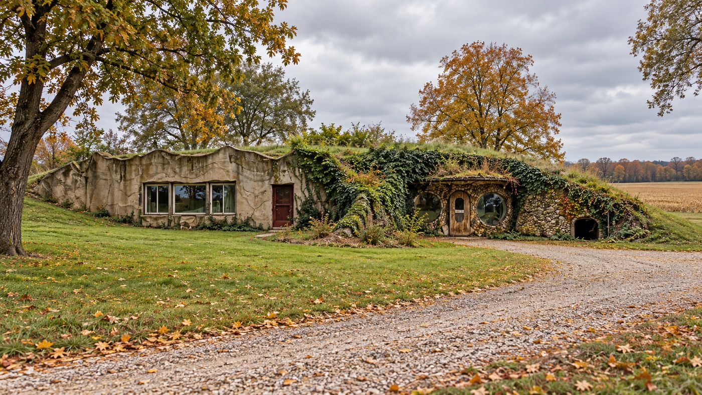 Earth-sheltered cave house with undulating concrete exterior and bermed roofline in Armington, Illinois