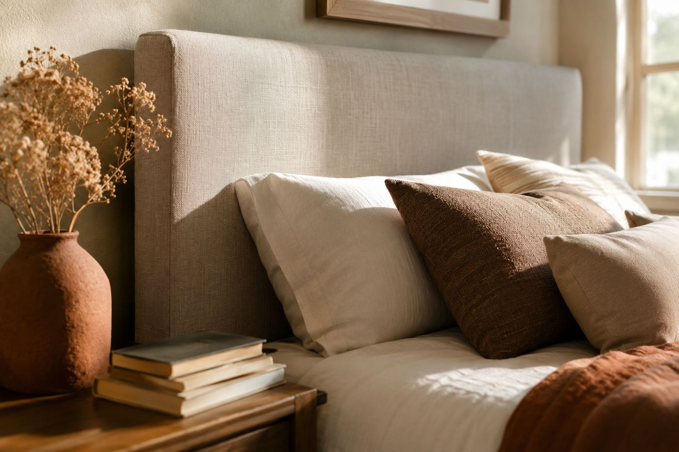Upholstered headboard covered in warm textured linen fabric with visible padding, mounted on a bed against a bedroom wall