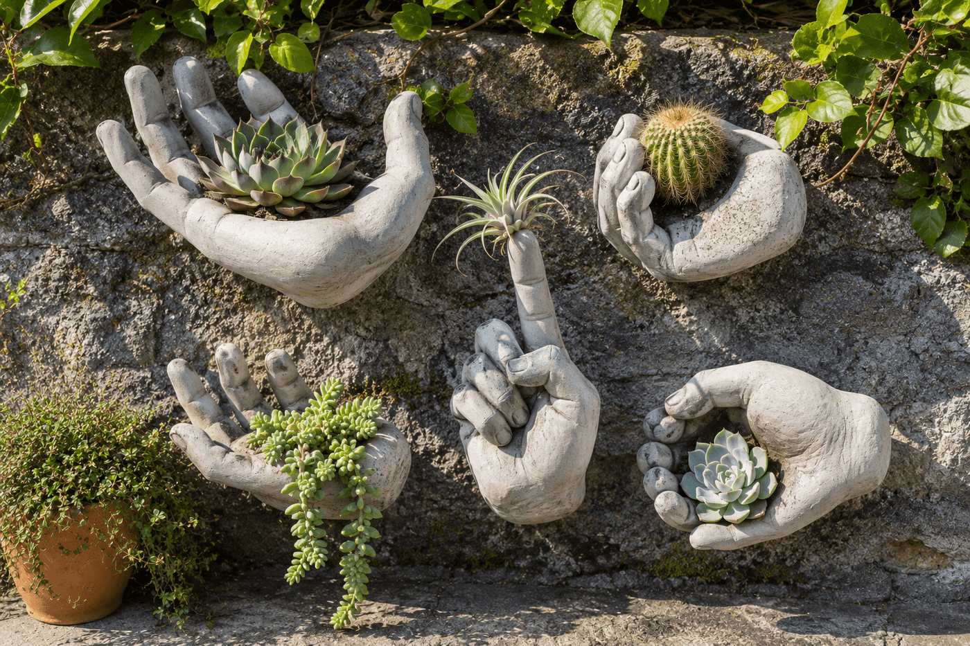 Five concrete hand planters arranged on a garden wall showing varied finger positions — one with fingers splayed holding a succulent in the palm, one with fingers curled cupping a small cactus, and one with a single index finger raised holding an air plant — with every knuckle crease visible in the concrete surface