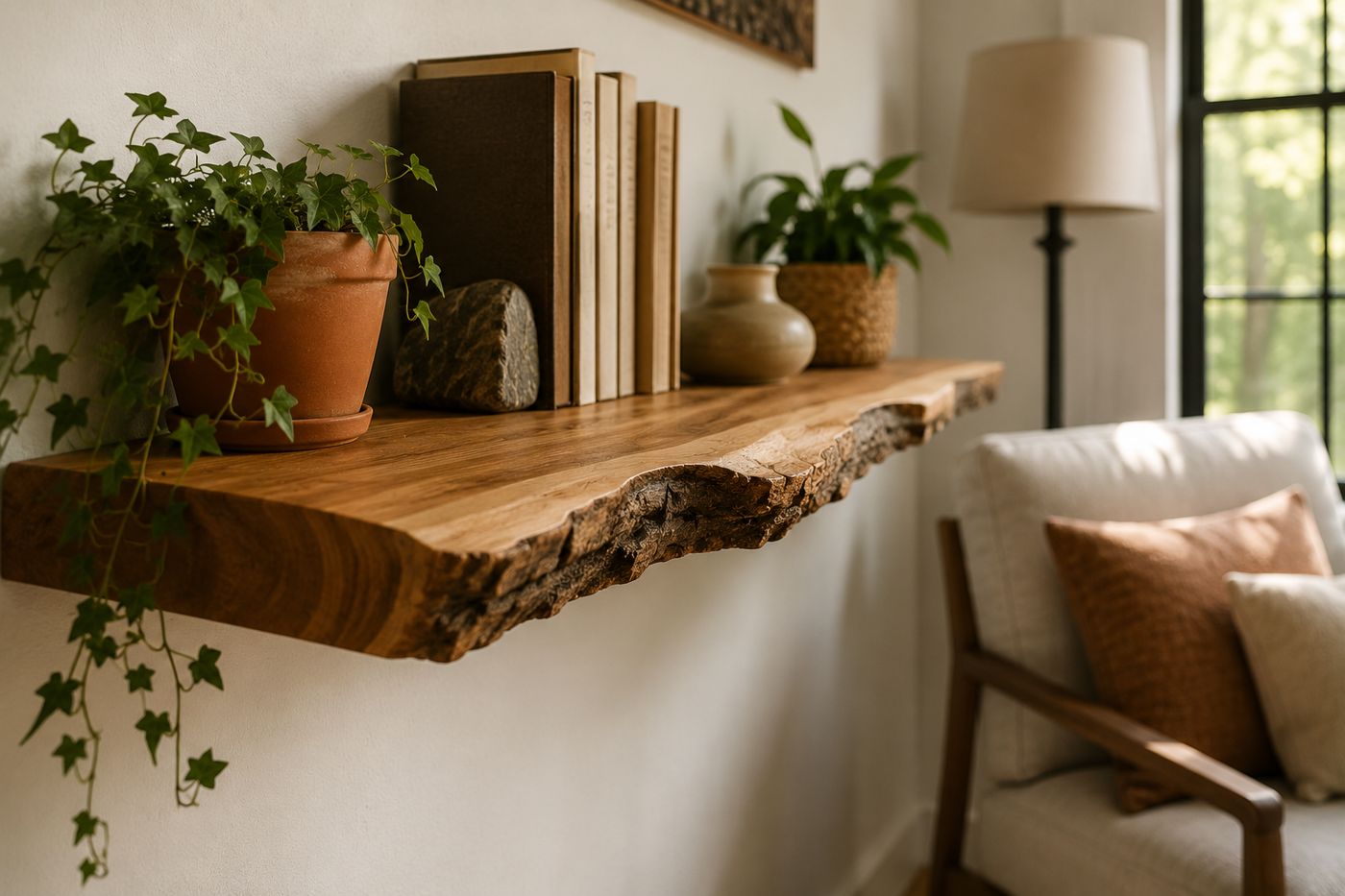 A live-edge wood slab floating shelf mounted on a wall with no visible brackets, showing natural bark edge and wood grain