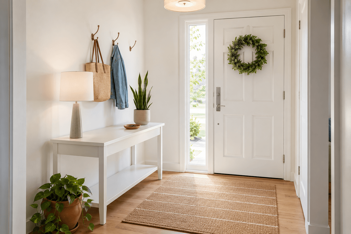 Clean organized entryway with a wiped console table holding a small tray with keys, a potted plant, and a simple lamp, a freshly shaken entry rug, hooks with only current-season items, and a bright front door with no fingerprints or clutter visible