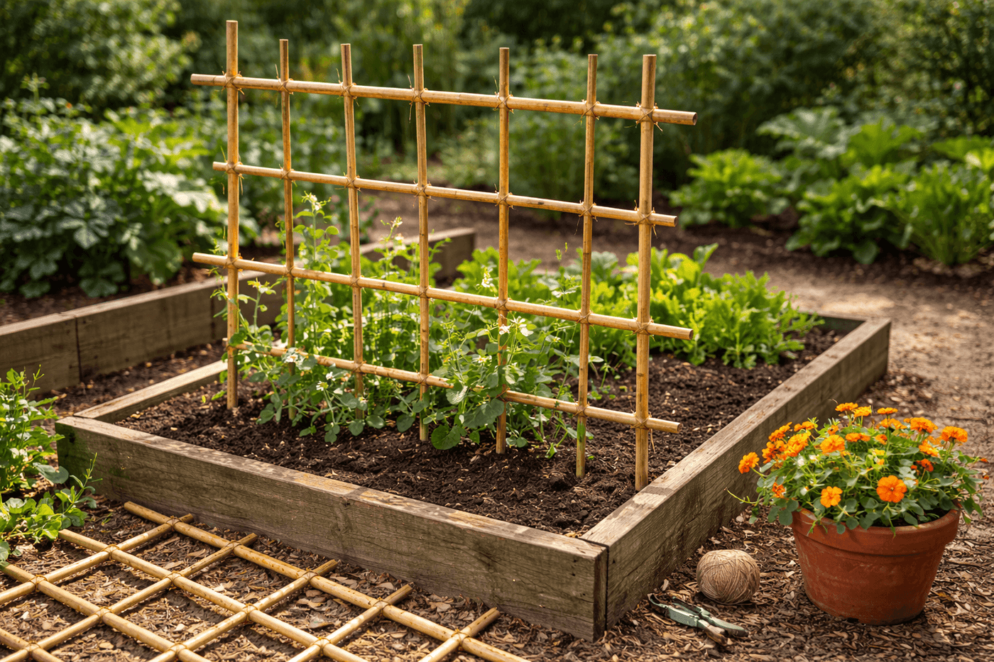 Handmade bamboo stake garden trellis with twine-tied intersections standing in a raised vegetable bed with climbing pea vines beginning to weave through the grid