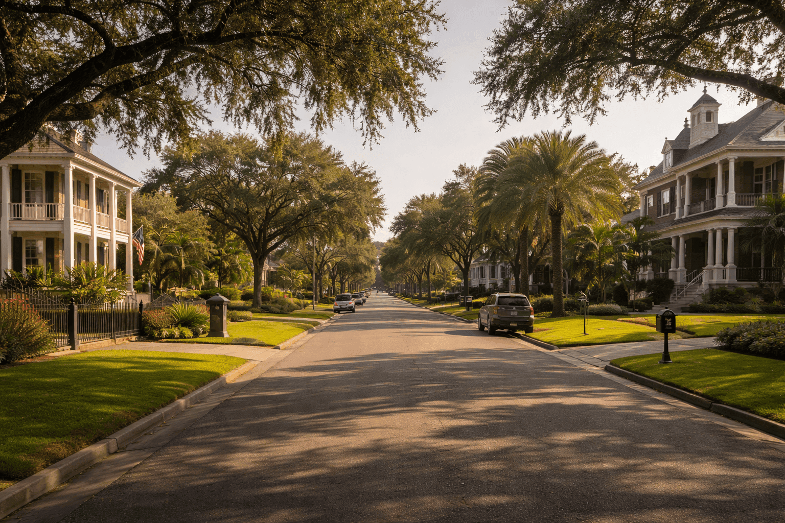 A wide residential street in Marrero, Louisiana, on the west bank of the Mississippi River across from New Orleans, with large homes set on generous lots.