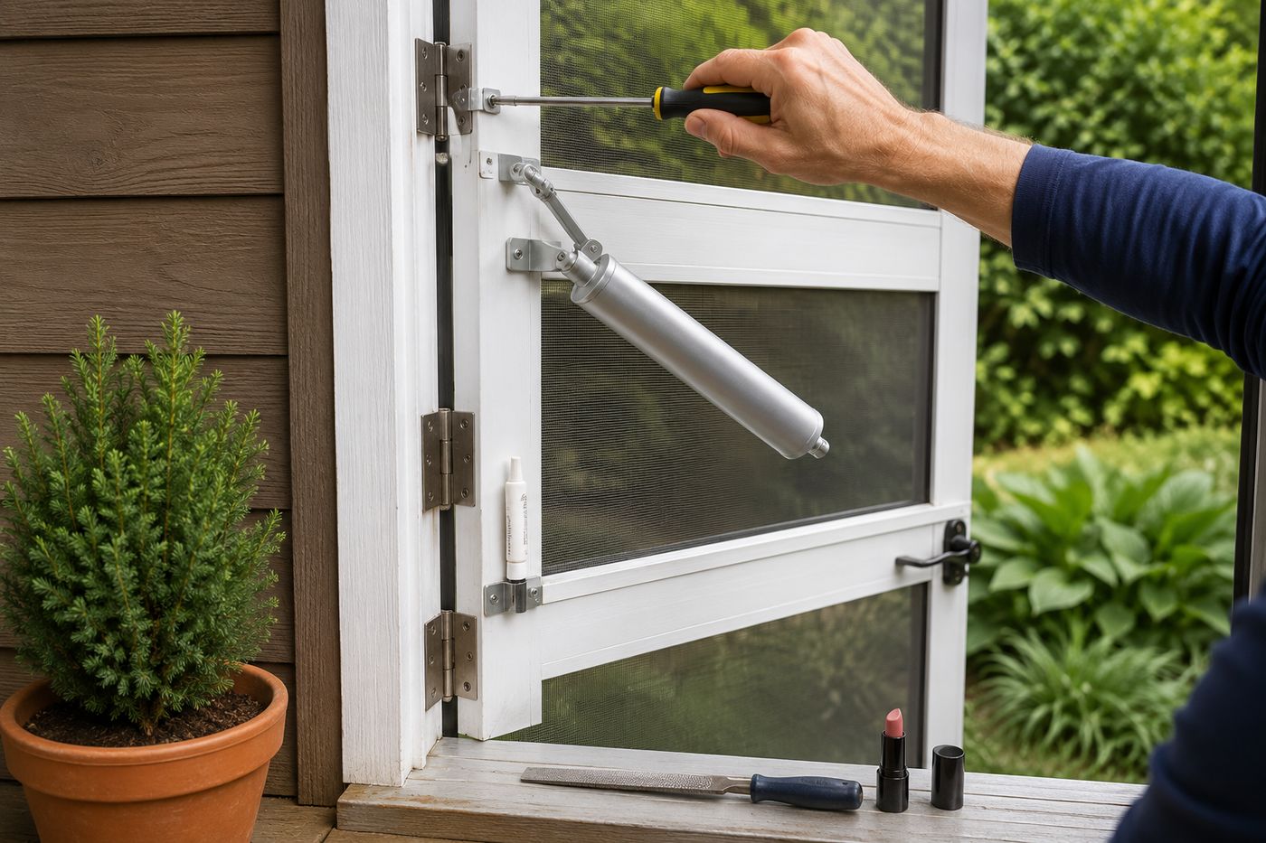 Screen door repair in progress showing a hinge being tightened with a screwdriver and the pneumatic closer cylinder with its adjustment screw visible, door frame and exterior visible in the background