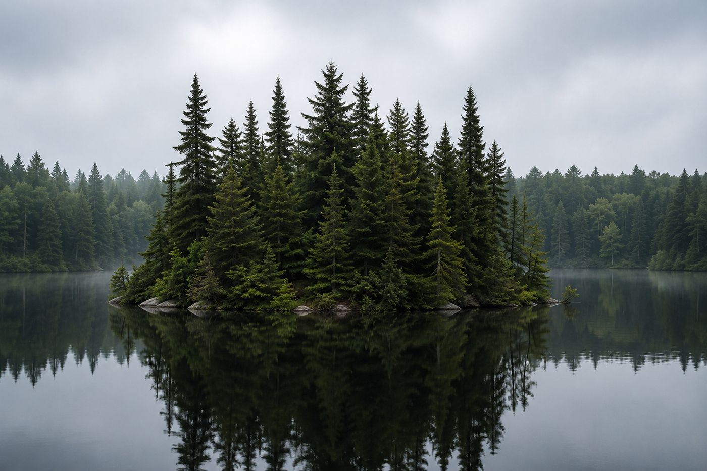 A quiet pond in the northern New Hampshire wilderness, surrounded by dense boreal forest