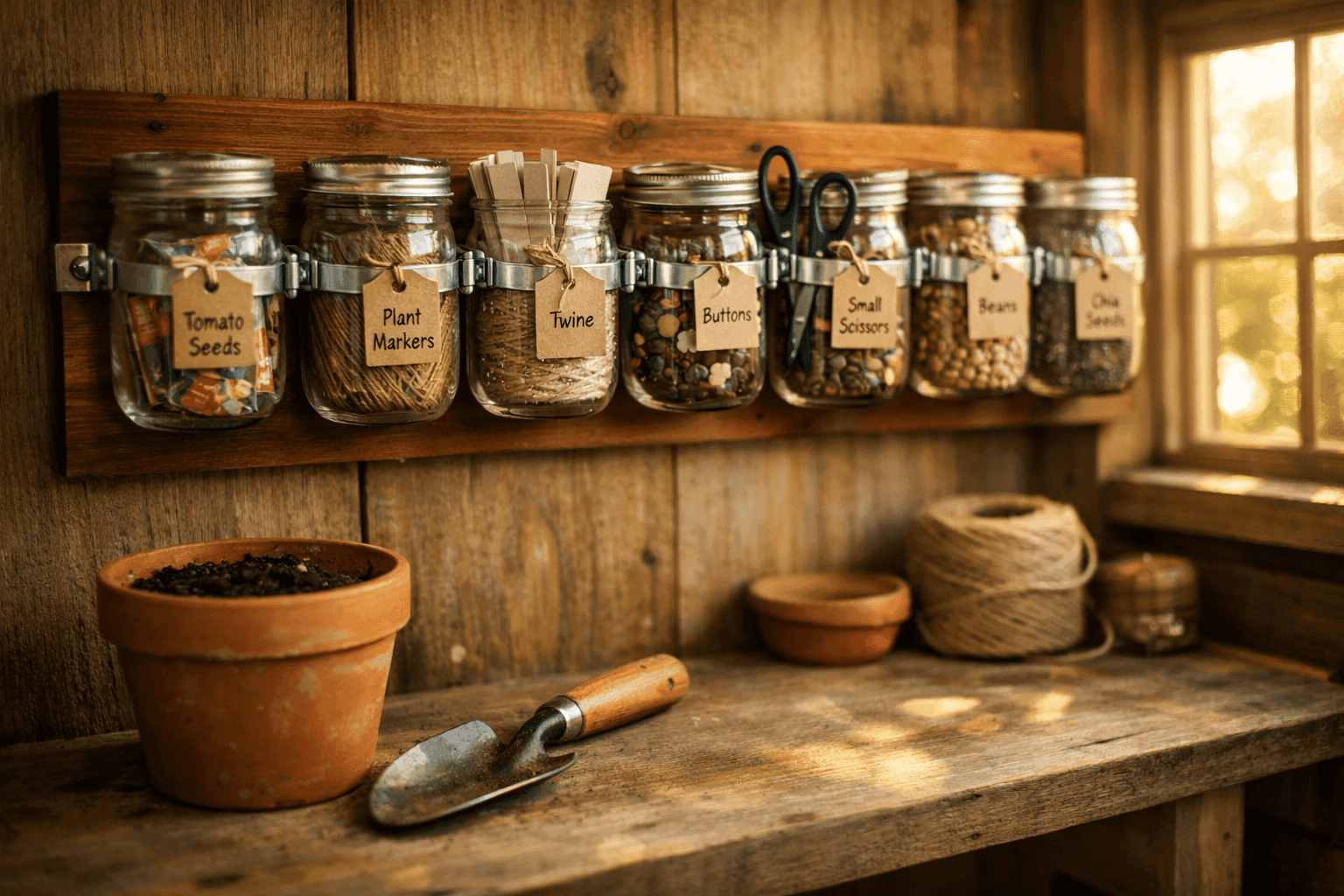A rustic wooden potting bench with a row of labeled mason jars mounted on a stained wood board along the back wall, holding seeds, plant markers, small scissors, and garden twine, with bright natural light from a nearby window