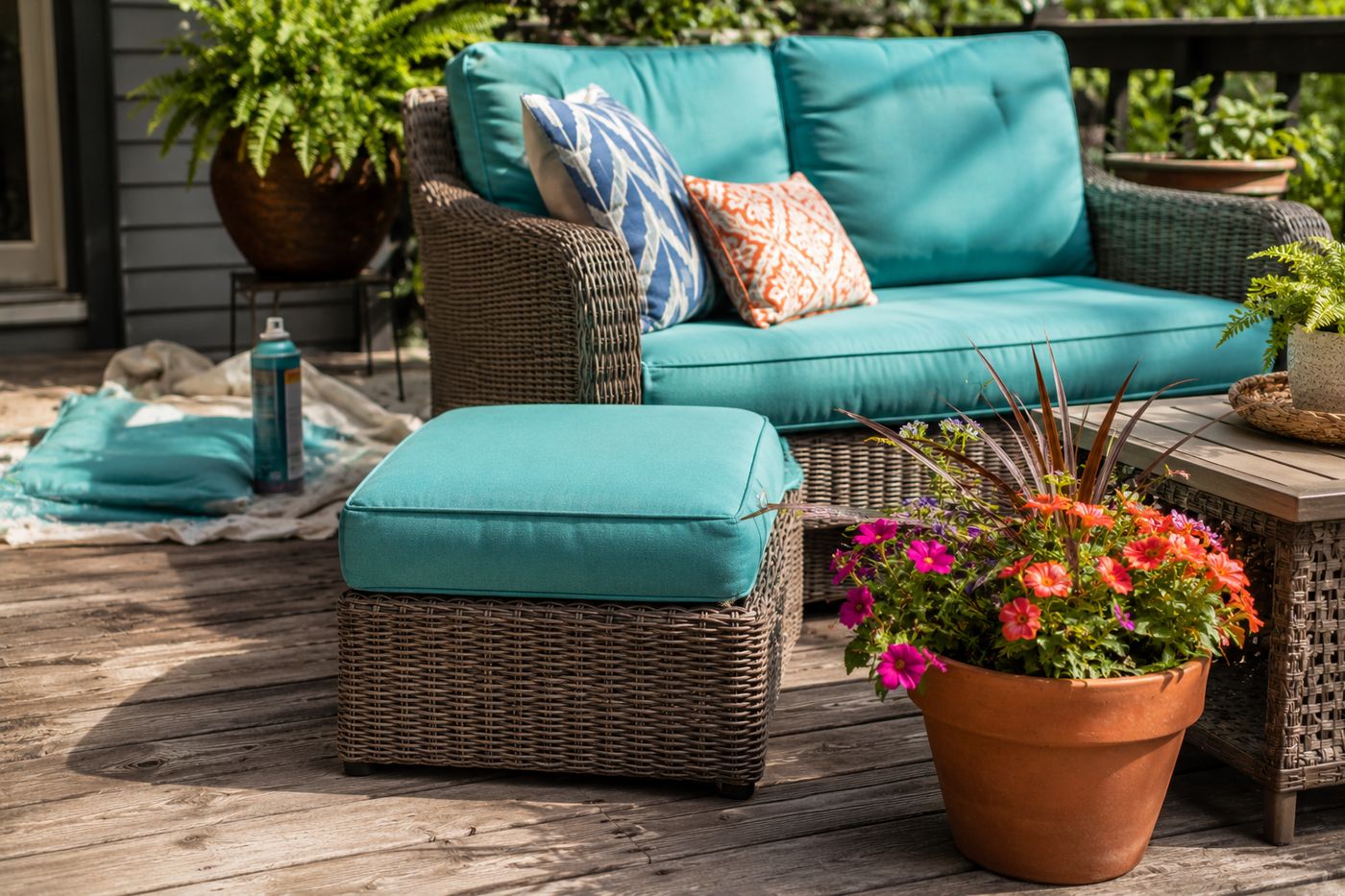 Refreshed outdoor patio cushions with vibrant, even color from fabric spray paint, arranged on outdoor furniture