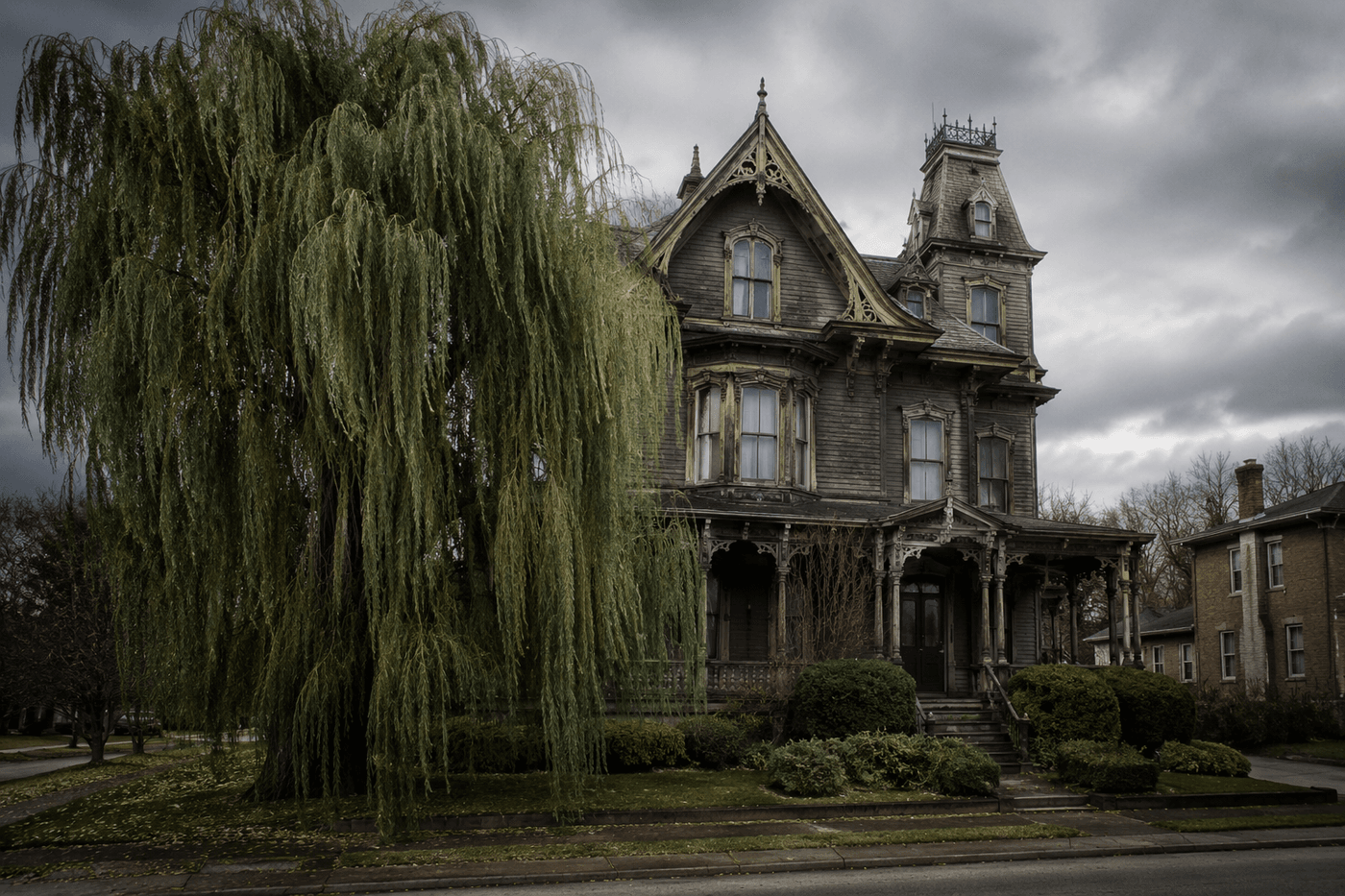 A grand mid-1800s Victorian home with a large willow tree and ornate front facade in Fond du Lac, Wisconsin