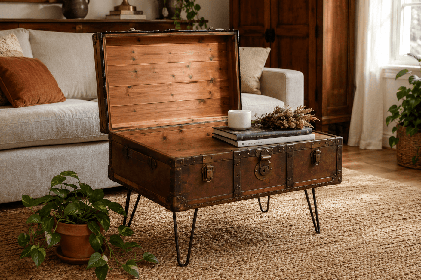Vintage steamer trunk converted into a coffee table with hairpin legs, lid open to show cedar-lined interior storage, styled with books and a candle on a living room rug