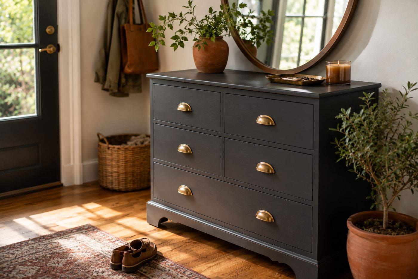 Repainted charcoal dresser with brushed brass hardware in an entryway, topped with a tray and leaning mirror