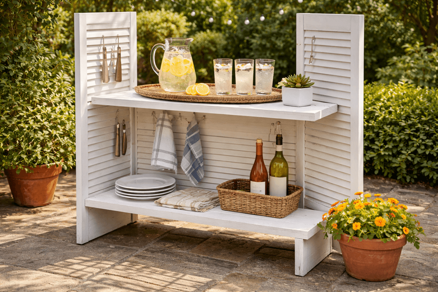 Vintage louvered shutters repurposed as an outdoor serving station with a white-painted wooden top shelf and lower storage shelf, styled with drinks, glasses, and a small potted plant on a sunny patio