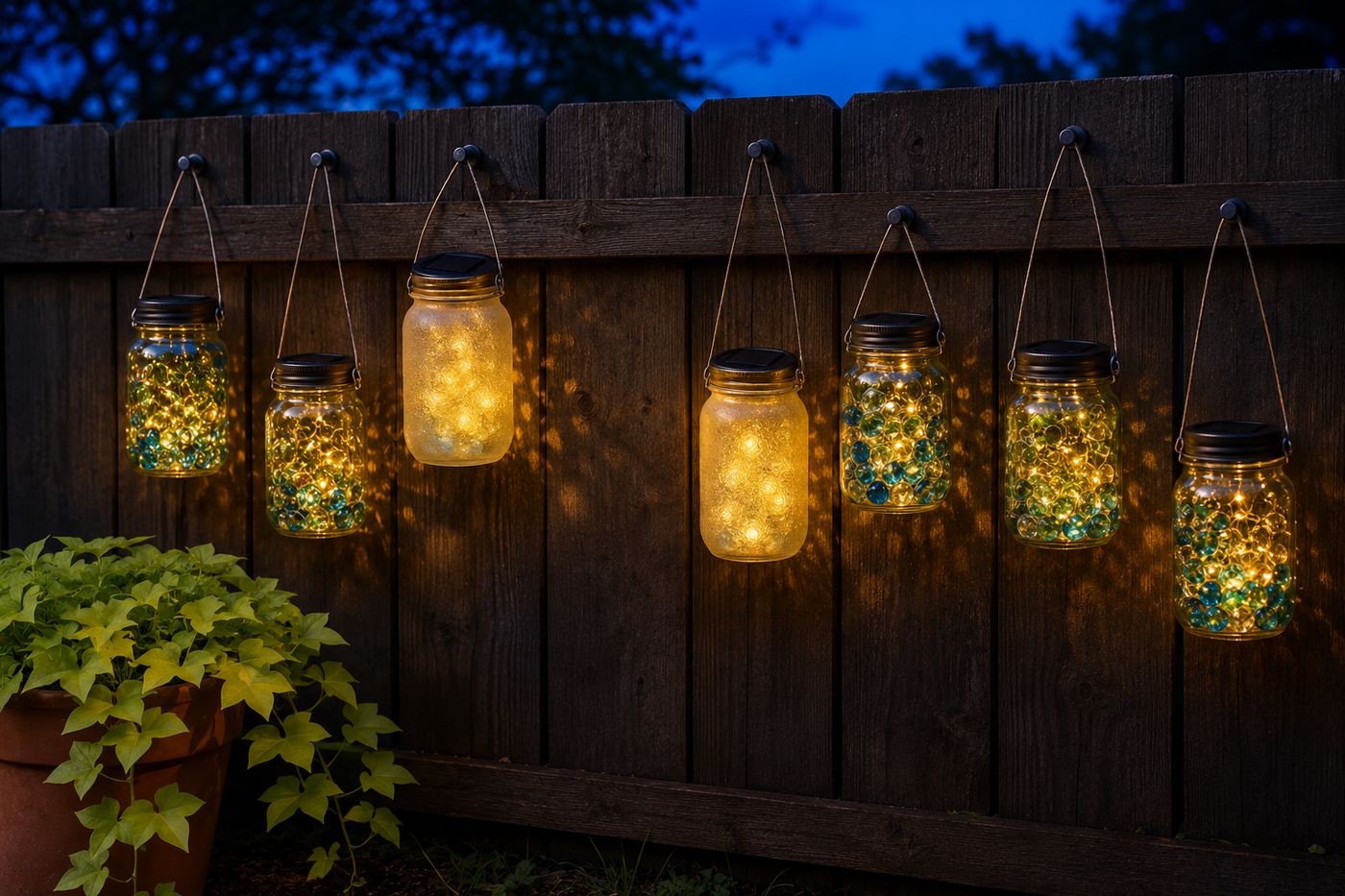 Five solar jar lanterns hanging at different heights along a garden fence at dusk, each mason jar glowing with warm amber light diffused through blue and green glass gems inside, wire hangers looped around the jar necks with the solar caps resting on top