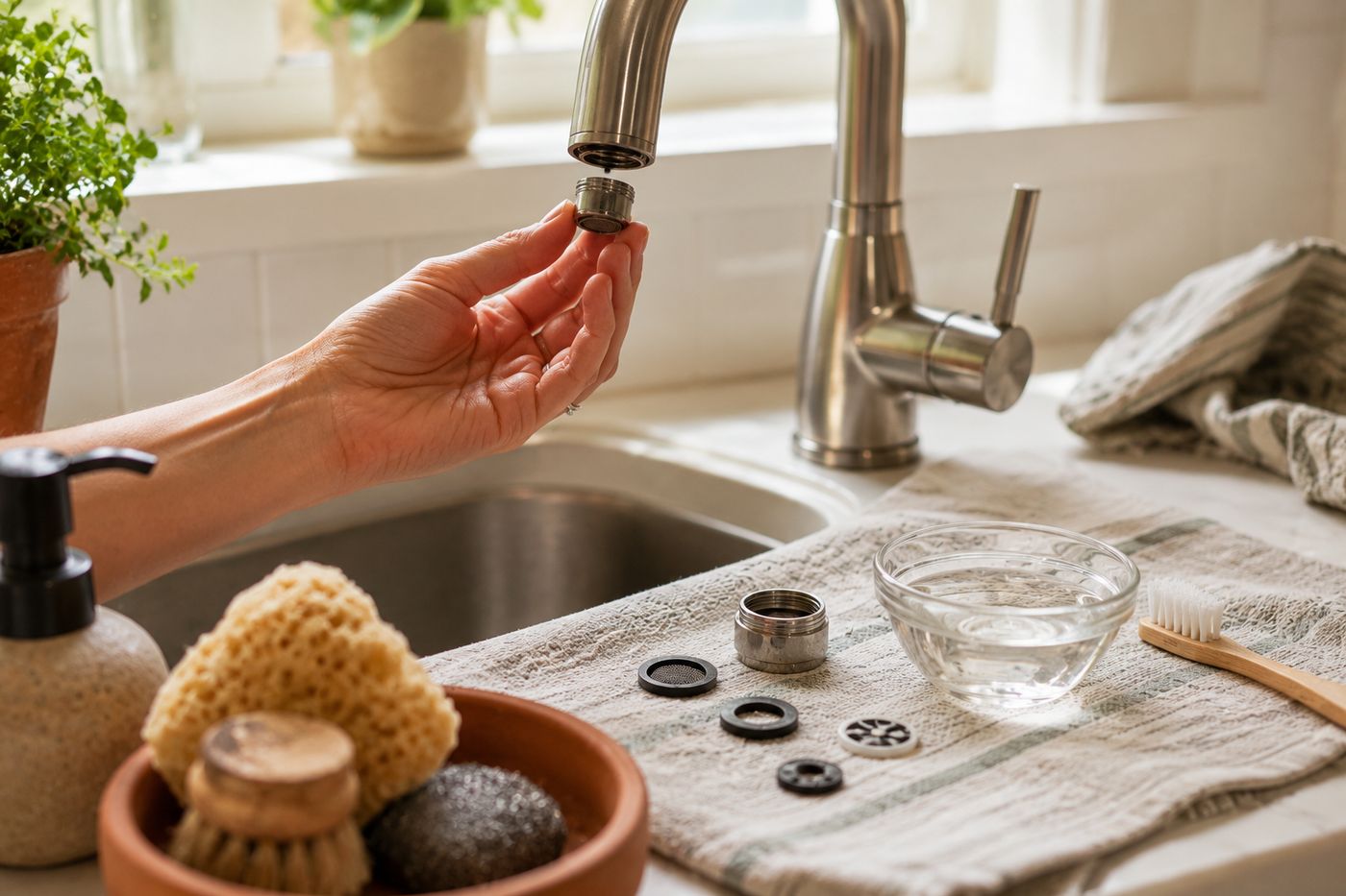 Hand unscrewing a faucet aerator to clean mineral buildup, with the disassembled small parts laid out on a cloth beside the sink