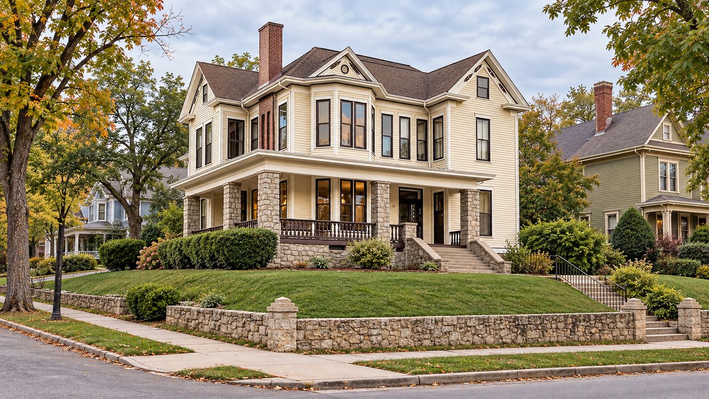 Three-story 1885 Queen Anne Victorian with bay-window tower and wraparound porch on Main Street in downtown Little Rock, Arkansas