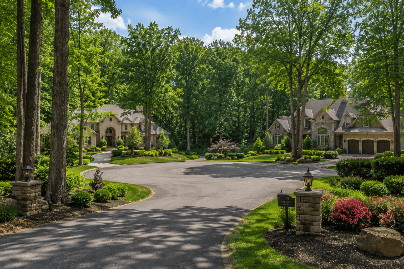 A wooded residential cul-de-sac in Warren County, Ohio, with large estate homes set back on generous lots near Waynesville.