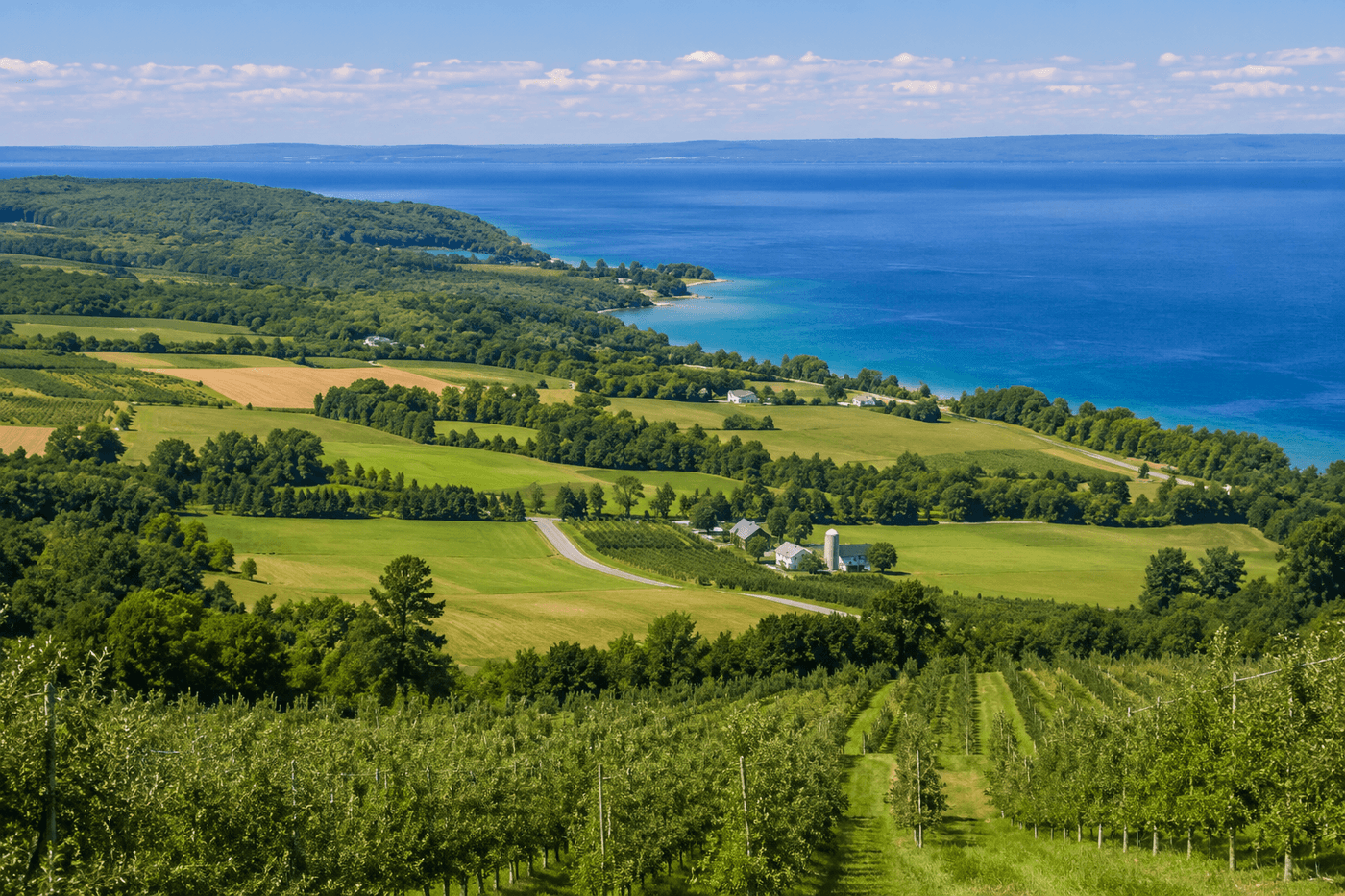 The Leelanau Peninsula in northern Michigan, with rolling farmland, cherry orchards, and the deep blue waters of Lake Michigan visible from elevated terrain.