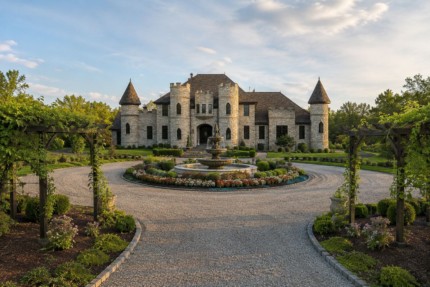 A custom castle-style home on a private 2.73-acre estate in Spring Grove, Illinois, surrounded by conservation land