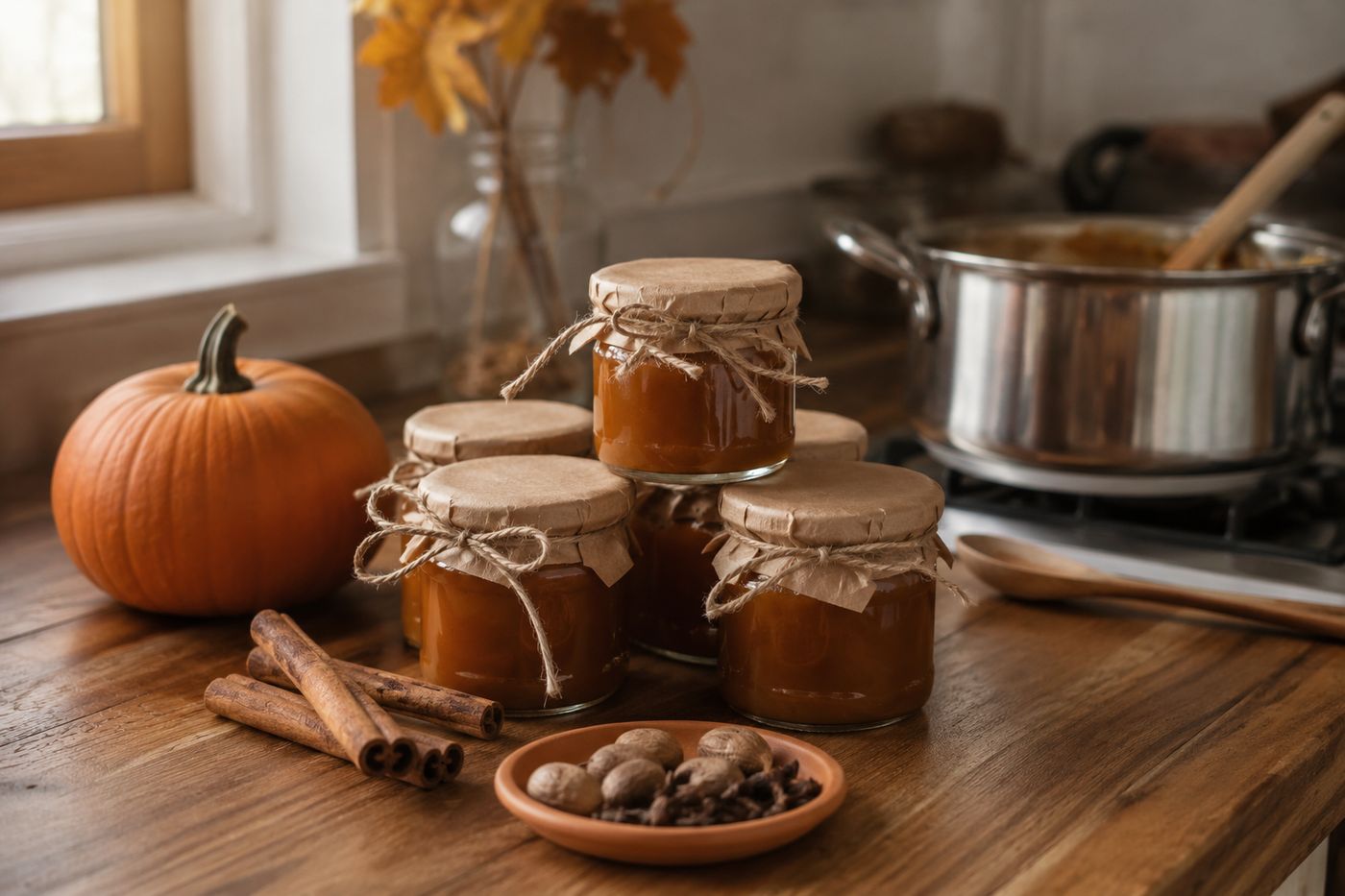 Small jars of deep amber spiced pumpkin butter with cinnamon sticks nearby, tied with twine and brown paper labels