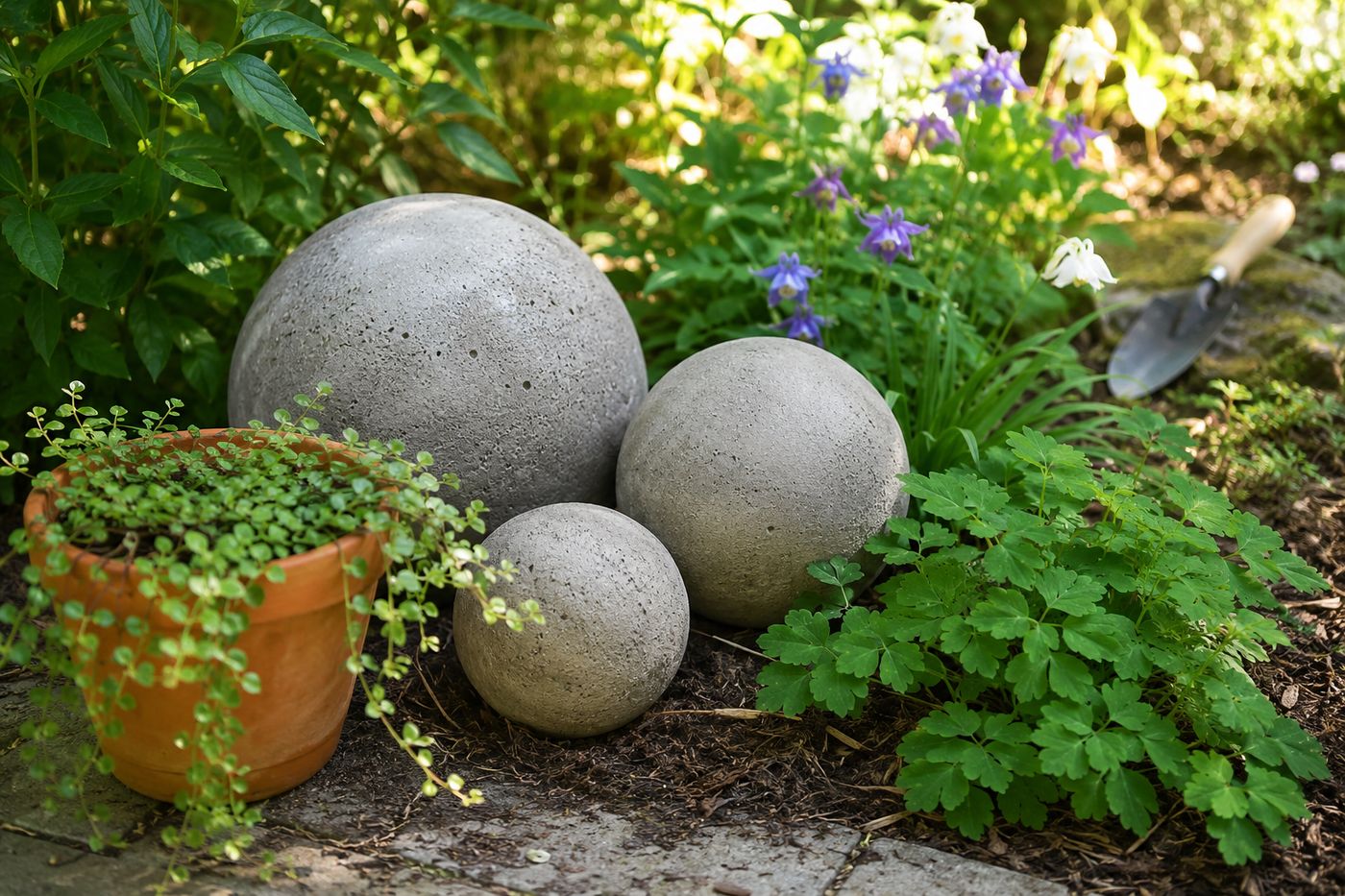 Cluster of handmade concrete garden spheres in varying sizes nestled among garden plants, showing textured concrete surface