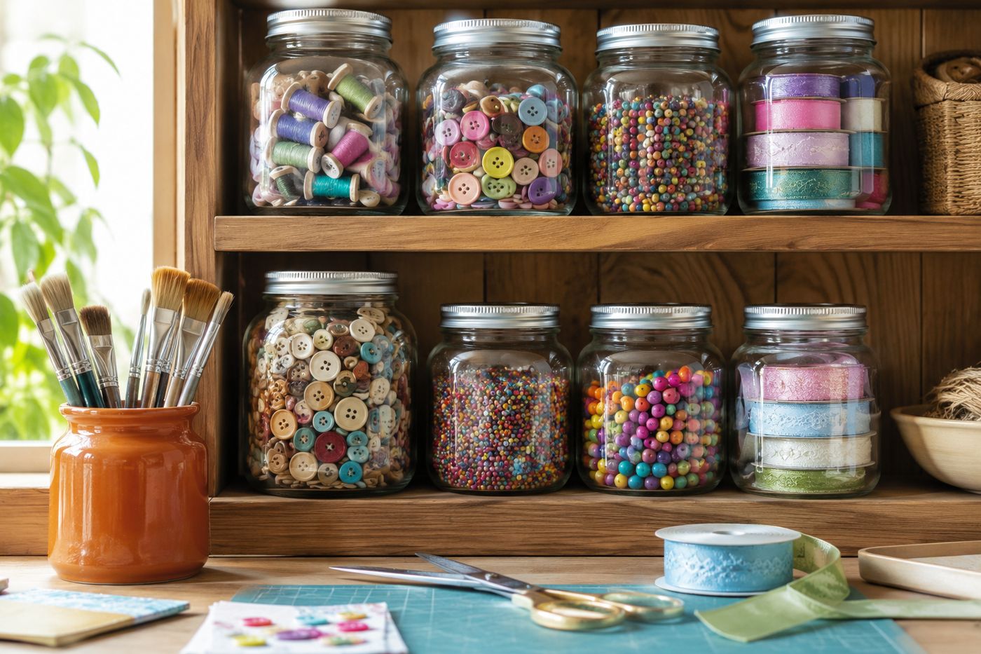 Shelf lined with repurposed clear glass jars filled with sorted craft supplies like buttons, beads, and ribbon, each labeled