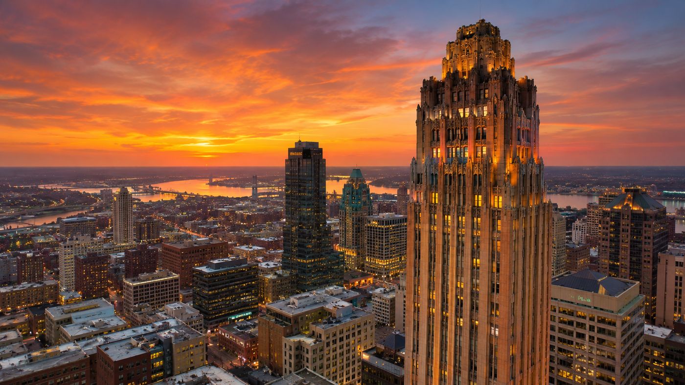 The Kansas City downtown skyline at dusk, with the Art Deco tower at 909 Walnut Street rising above the cityscape