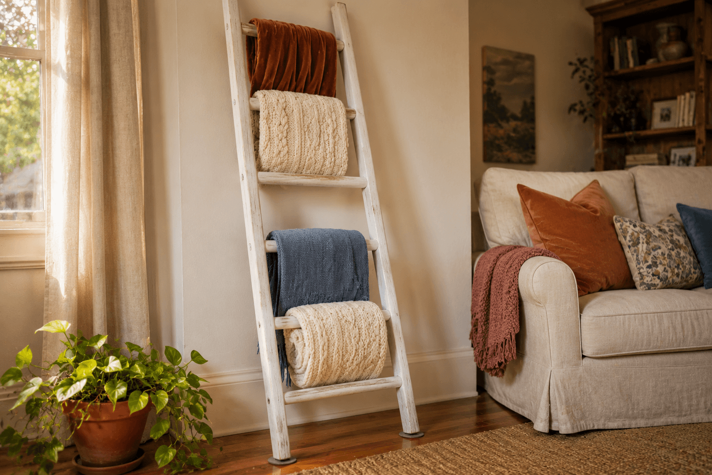 Chalk-painted white vintage wooden ladder leaning against a living room wall with five throw blankets in varied textures draped at different depths on the rungs, one rung left empty near the top, with a small potted plant and basket at the base