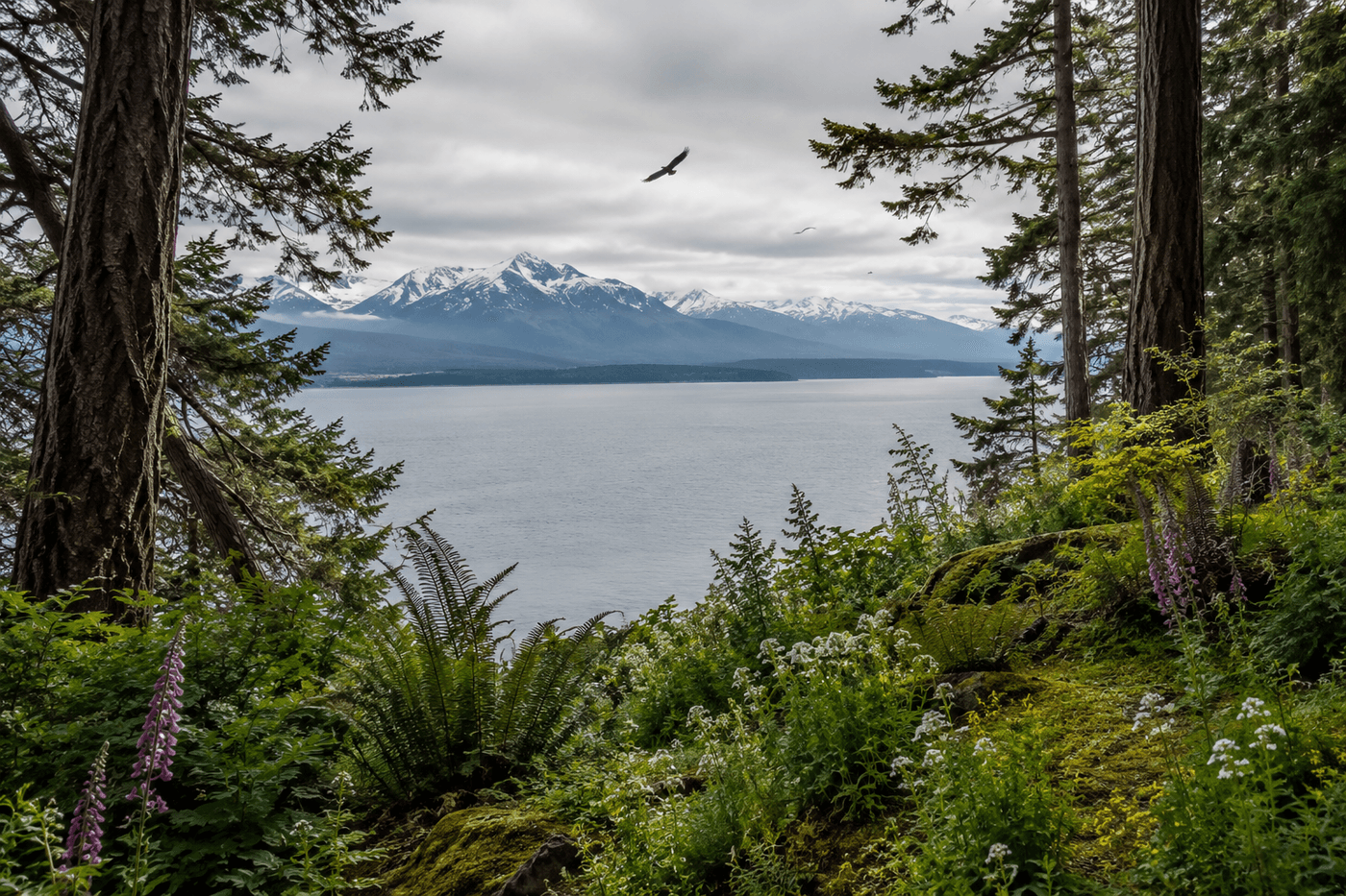 High bank waterfront on Whidbey Island near Coupeville, Washington with views of the Cascade Mountain range