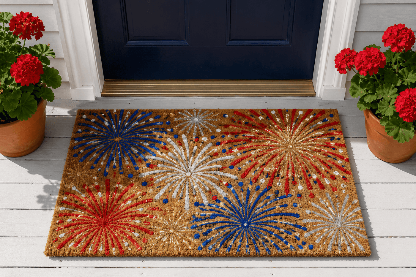 Hand-painted coir welcome mat with bold red, white, blue, gold, and silver firework burst designs covering the full surface, displayed at a front door entry with patriotic potted plants flanking it