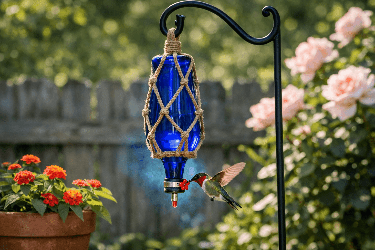 Cobalt blue glass bottle converted into a hummingbird feeder hanging from a shepherd's hook in a garden with a hummingbird feeding at the tube