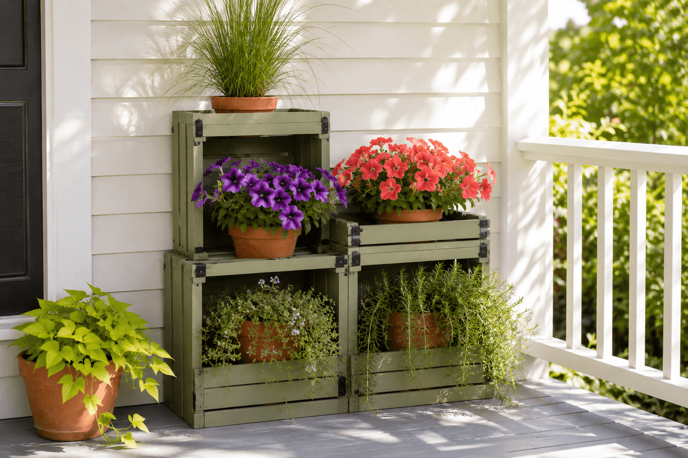 Tiered wooden crate plant stand in sage green paint on a sunny porch corner, displaying potted herbs, trailing plants, and flowering annuals at varying heights across four staggered crates