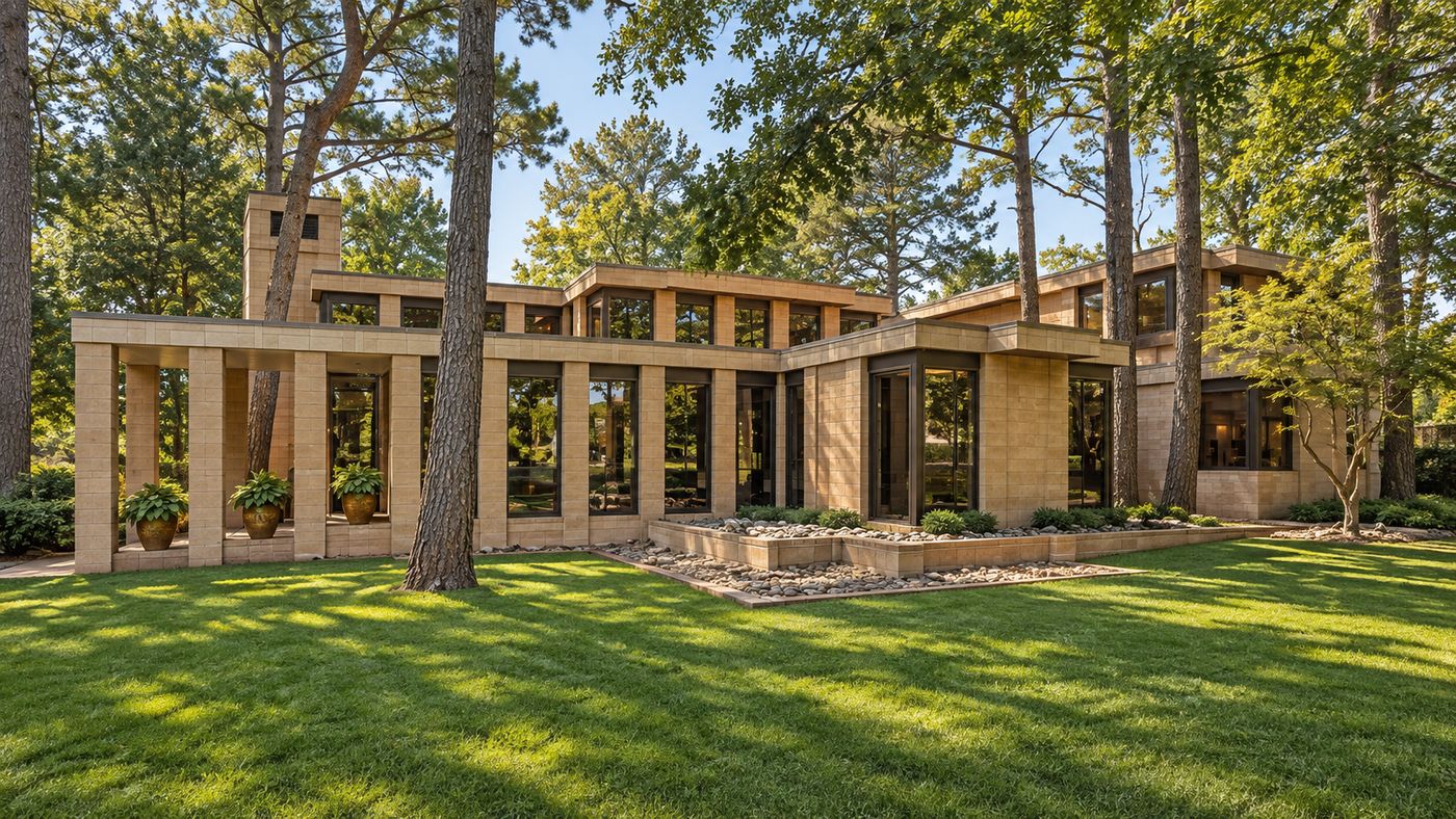 Geometric, block-patterned modernist home with distinctive angular architecture in Tulsa, Oklahoma