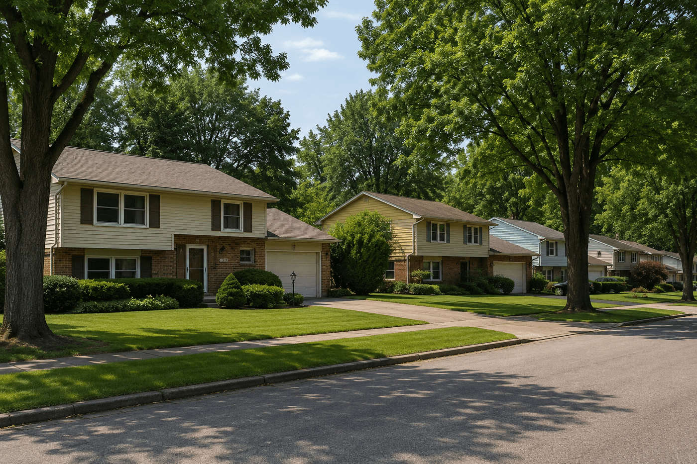 A quiet suburban street in Rochester, New York with well-maintained split-level homes