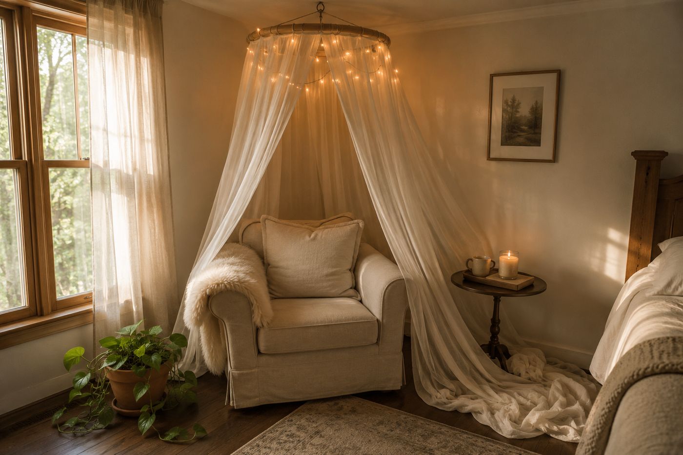 Cozy bedroom reading corner with a soft ivory sheer fabric canopy gathered through an embroidery hoop hung from a ceiling hook, fabric falling in loose romantic panels around a linen armchair with a sheepskin throw and a small side table with a candle and book